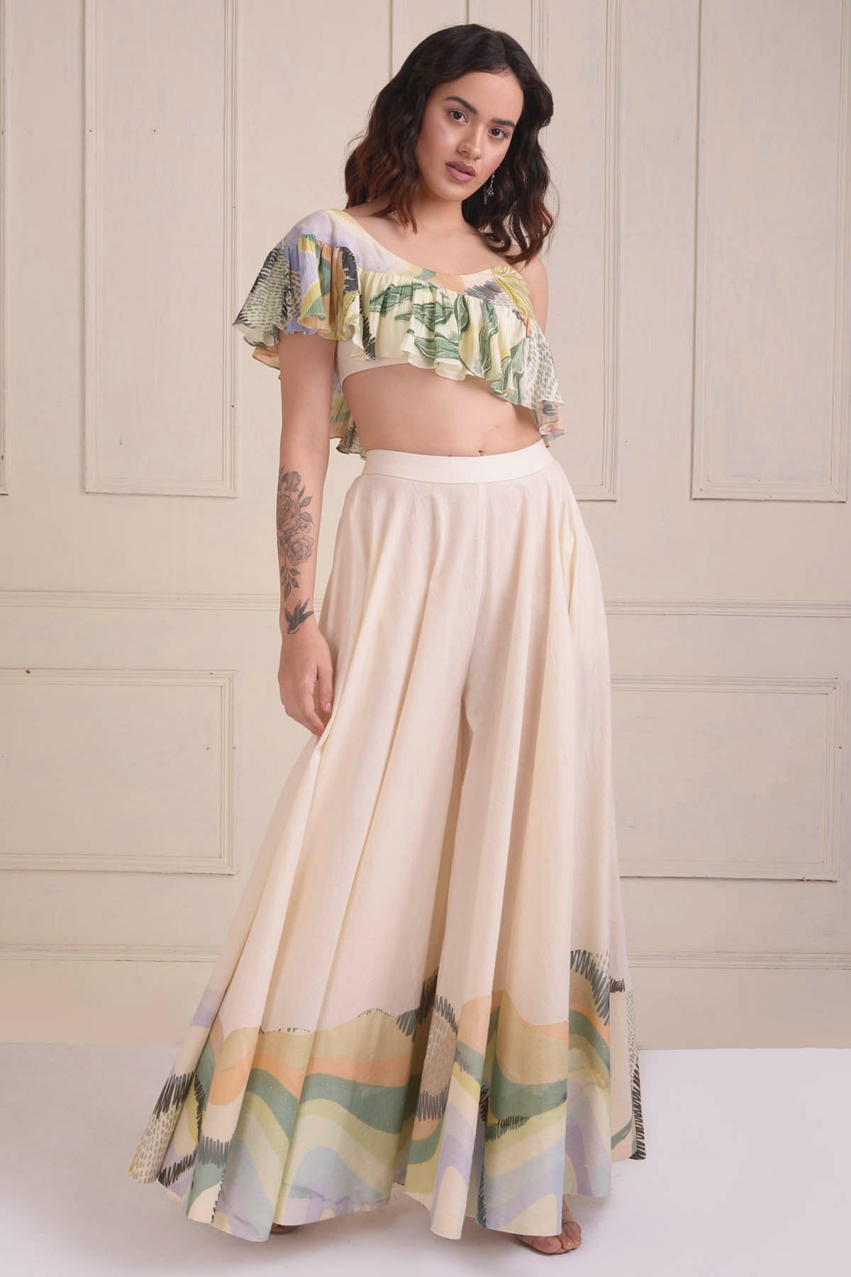 Tyla beige gold crop blazer and sharara set | Sharara set, Traditional  indian outfits, Crop top outfits indian