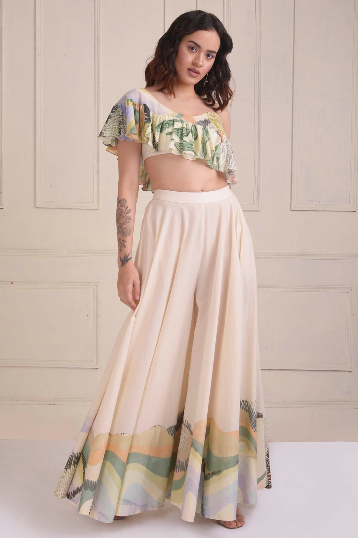 One Shoulder Crop Top & Sharara Set