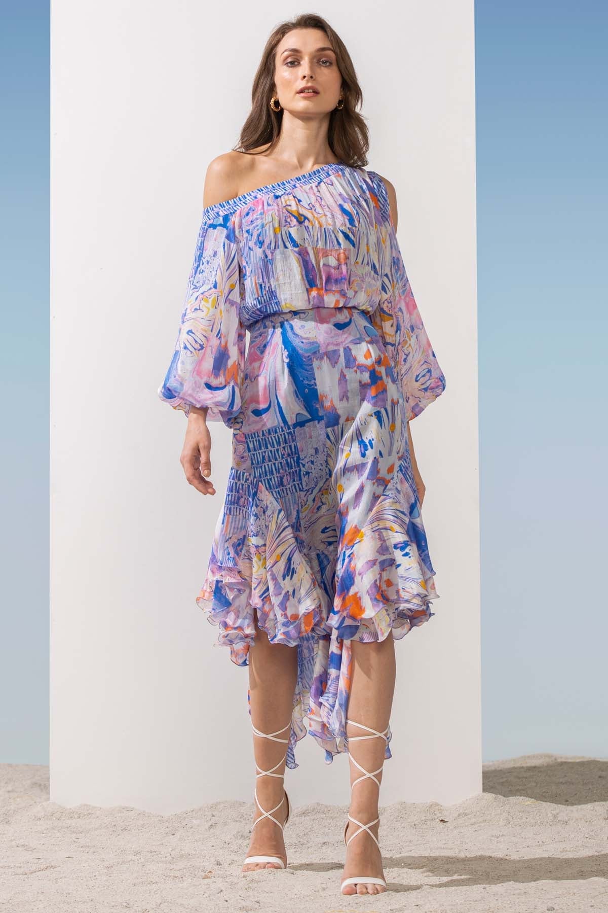 Buy One Off Shoulder Printed Dress by Mandira Wirk