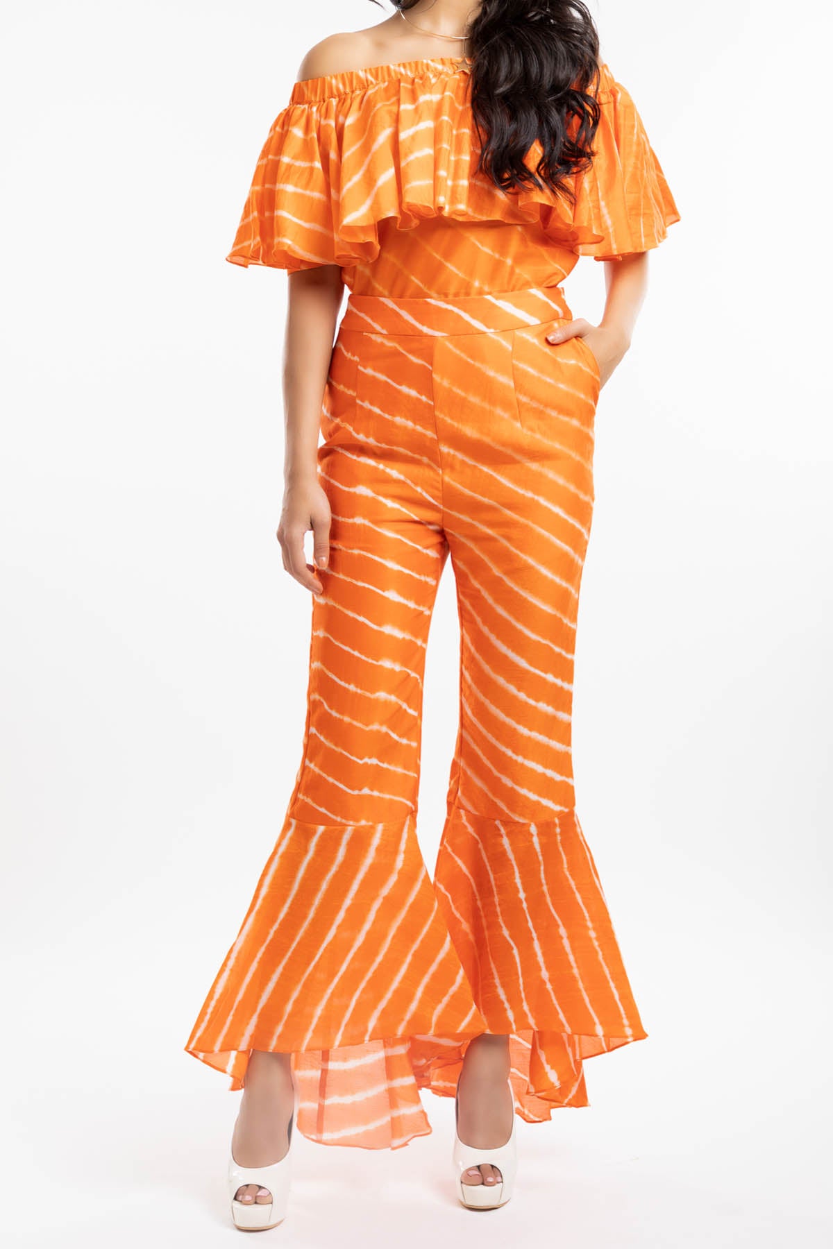 Orange Chanderi Flared Trousers