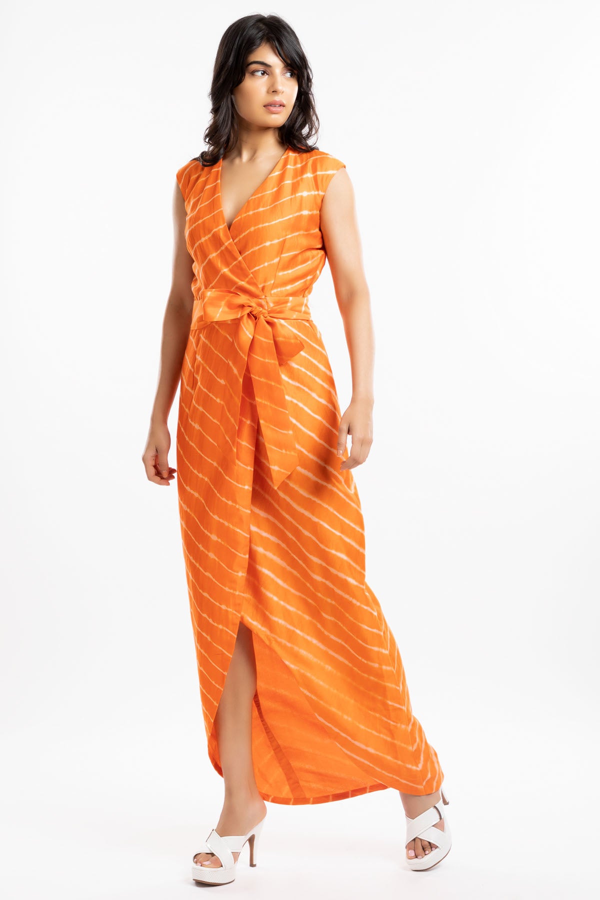 Orange Chanderi Striped Dress