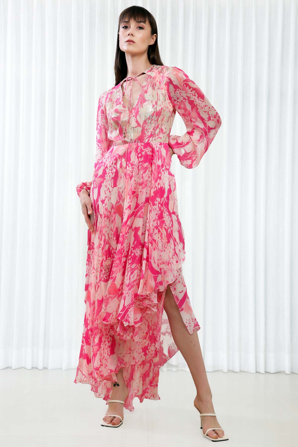 Buy Orchid Printed Chiffon Dress by Mandira Wirk