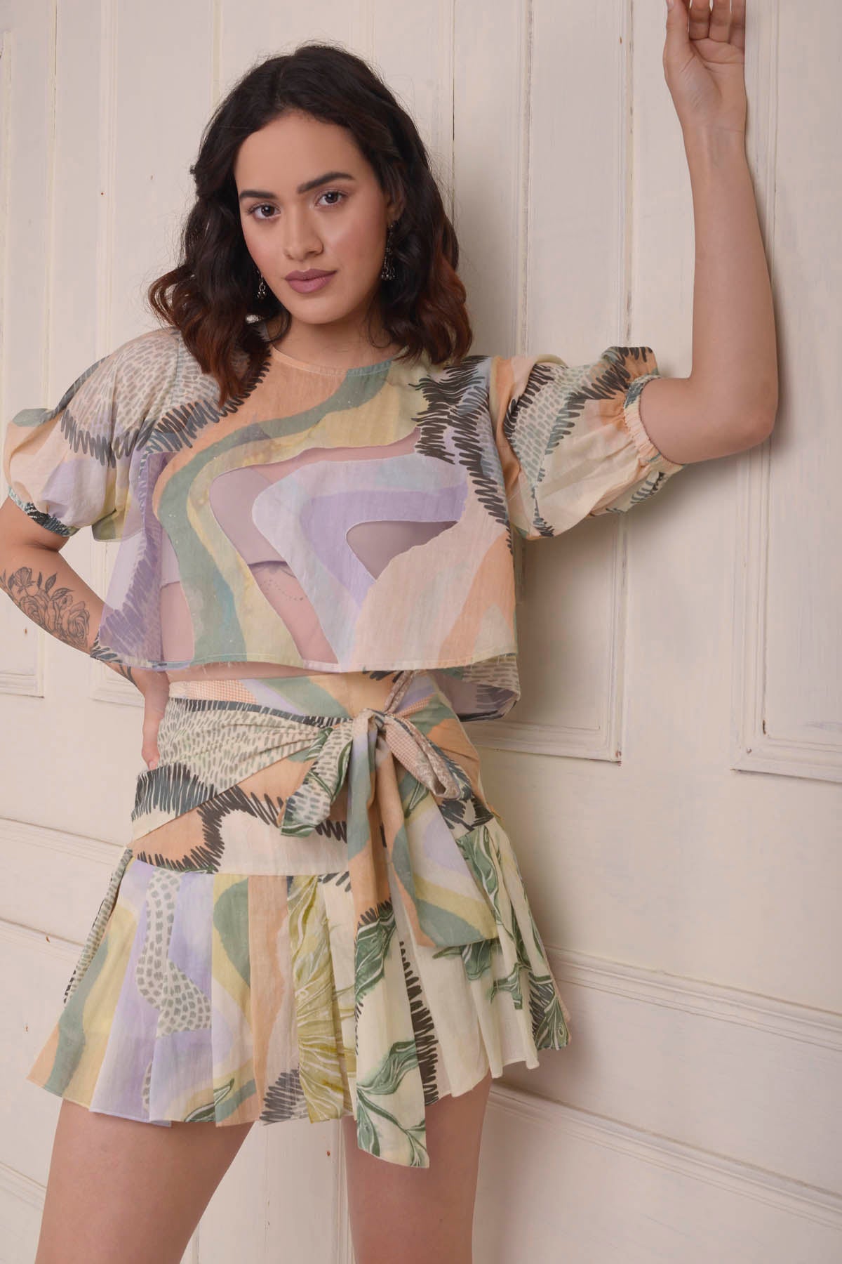 Patchwork Printed Croptop & Skirt Set