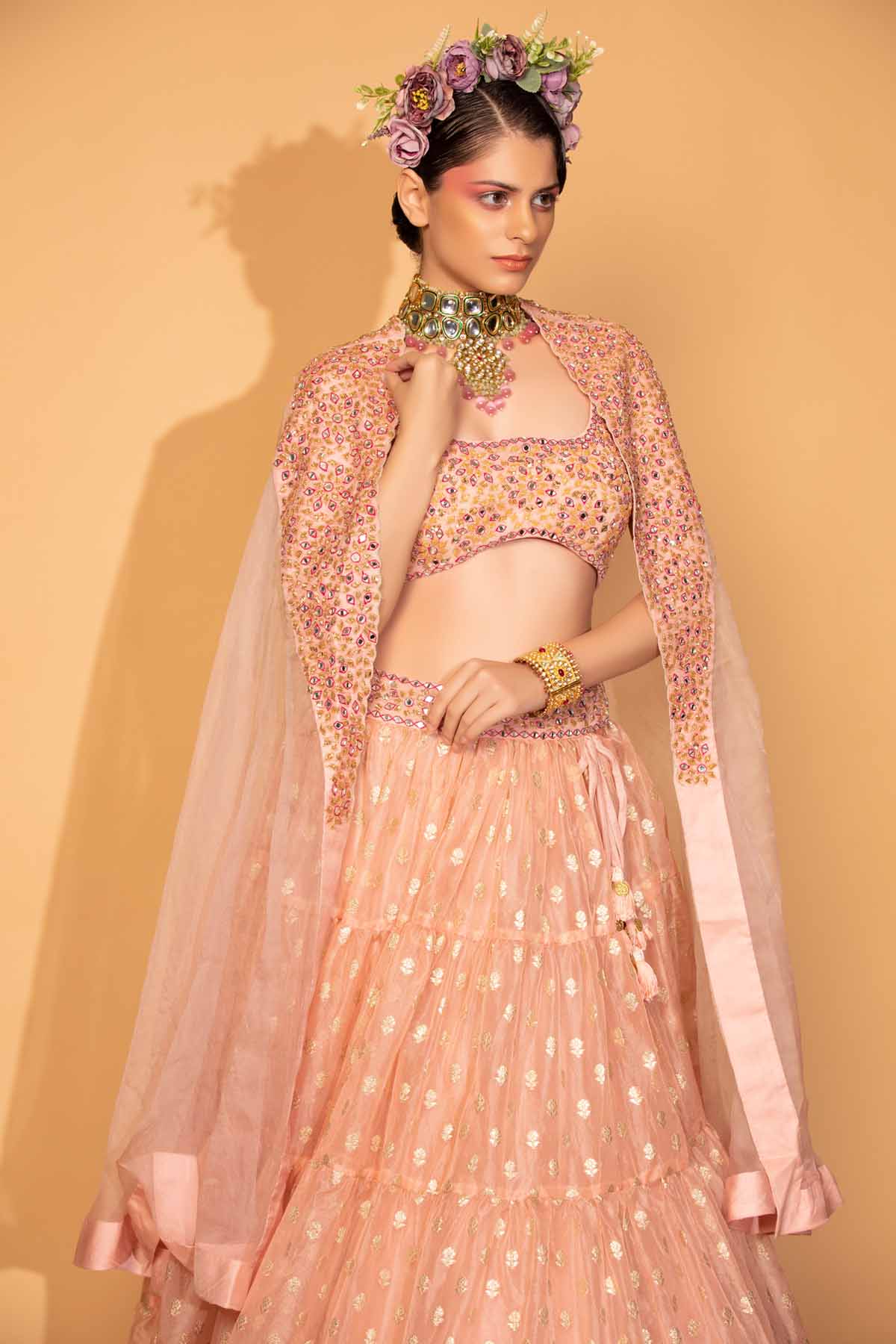 Peach Banarasi Embroidered Lehenga Set