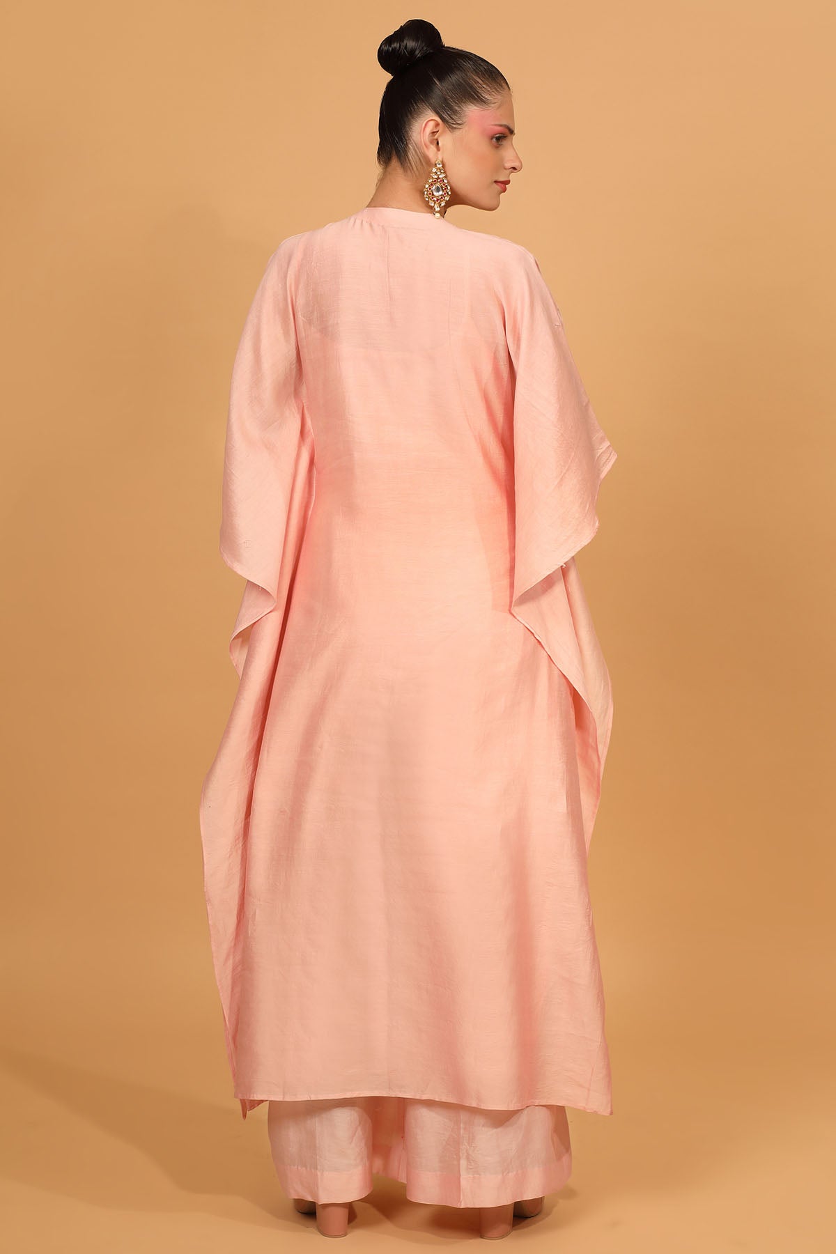 Peach Chanderi Silk Embroidered Kaftan Set