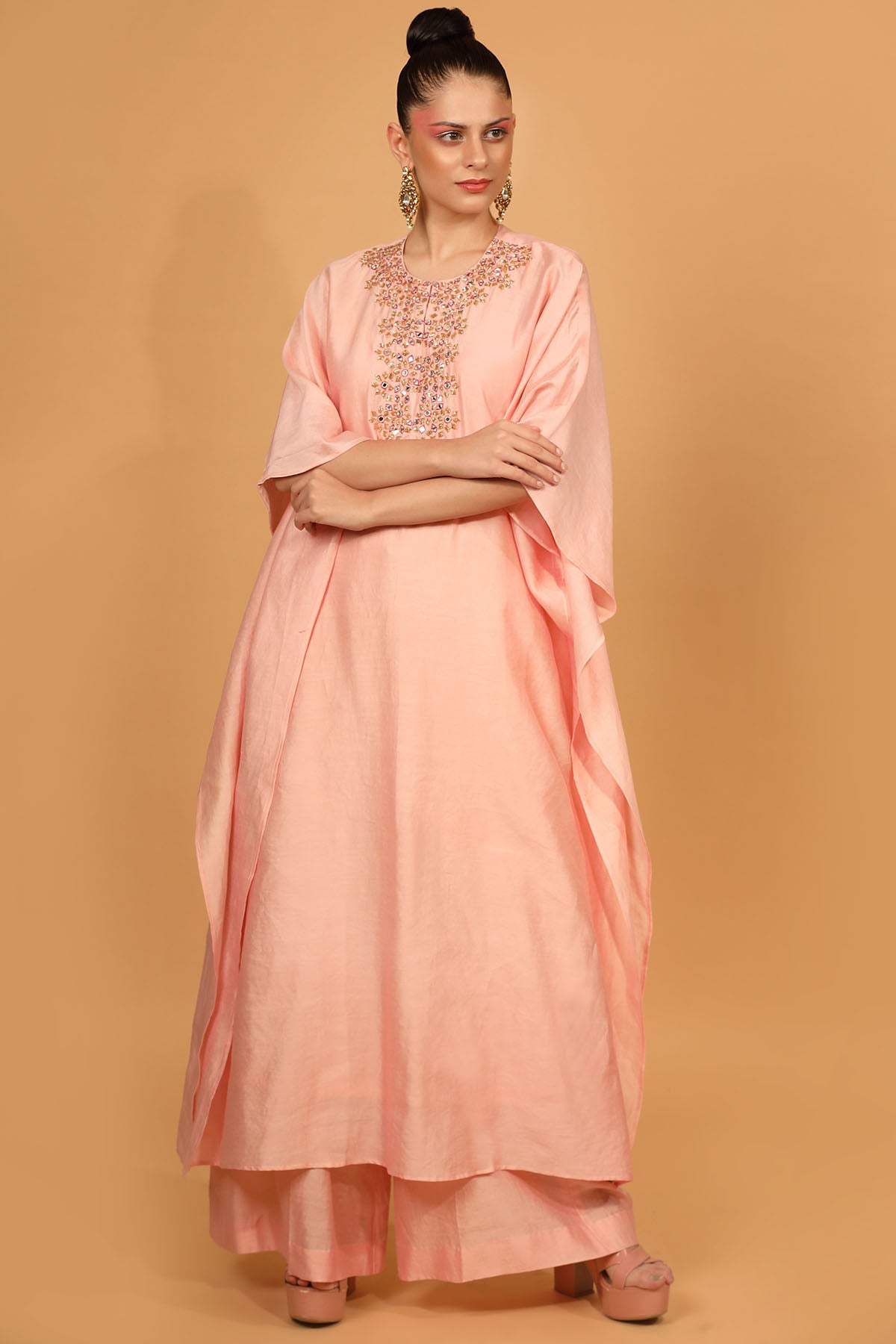 Peach Chanderi Silk Embroidered Kaftan Set
