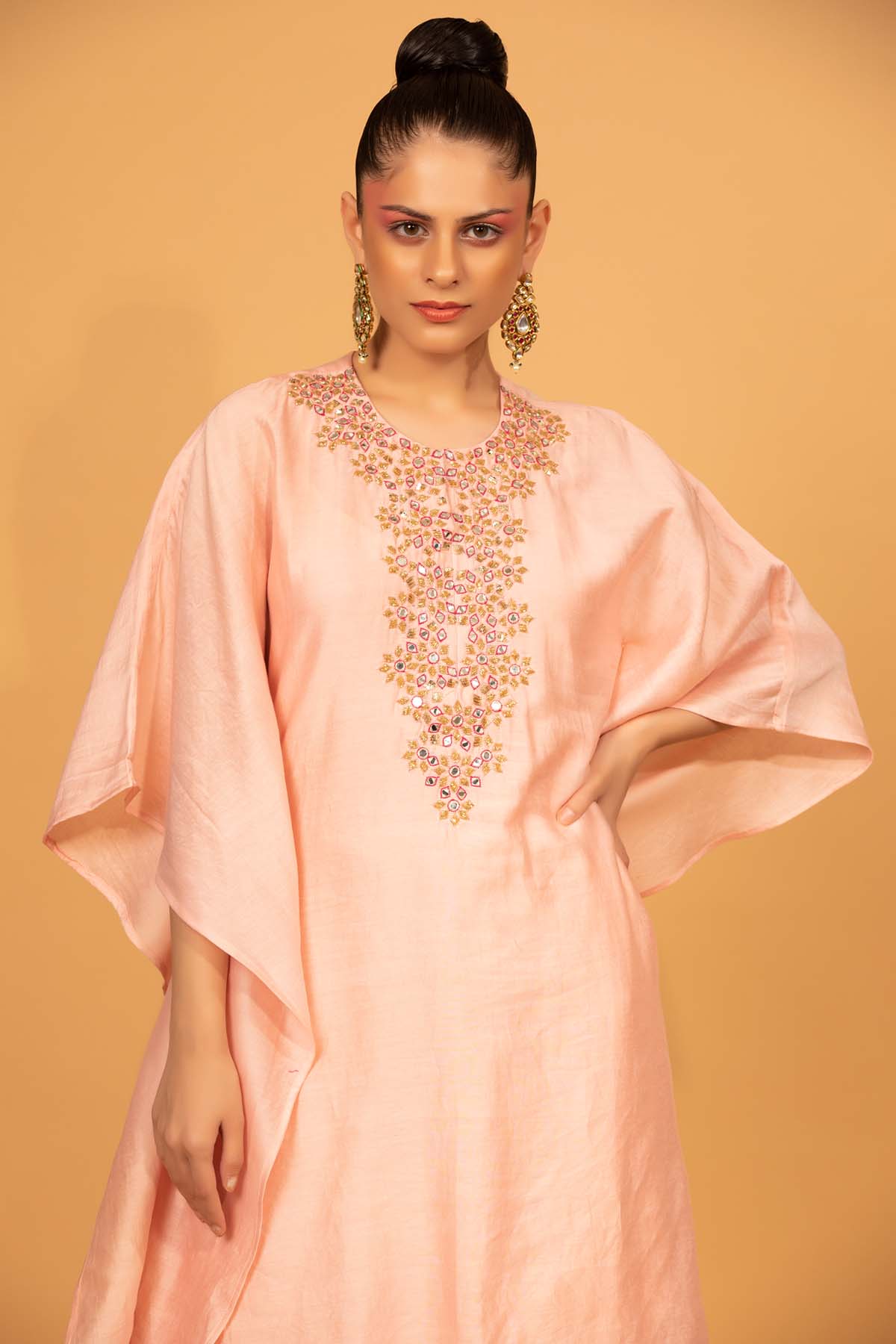 Peach Chanderi Silk Embroidered Kaftan Set