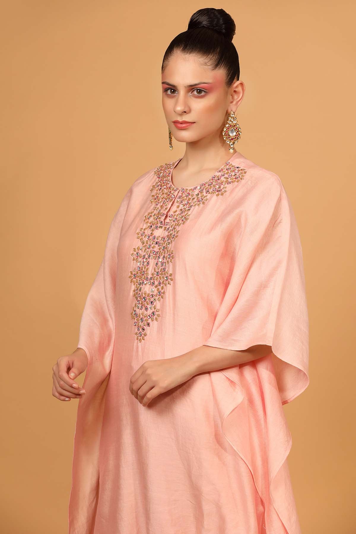 Peach Chanderi Silk Embroidered Kaftan Set