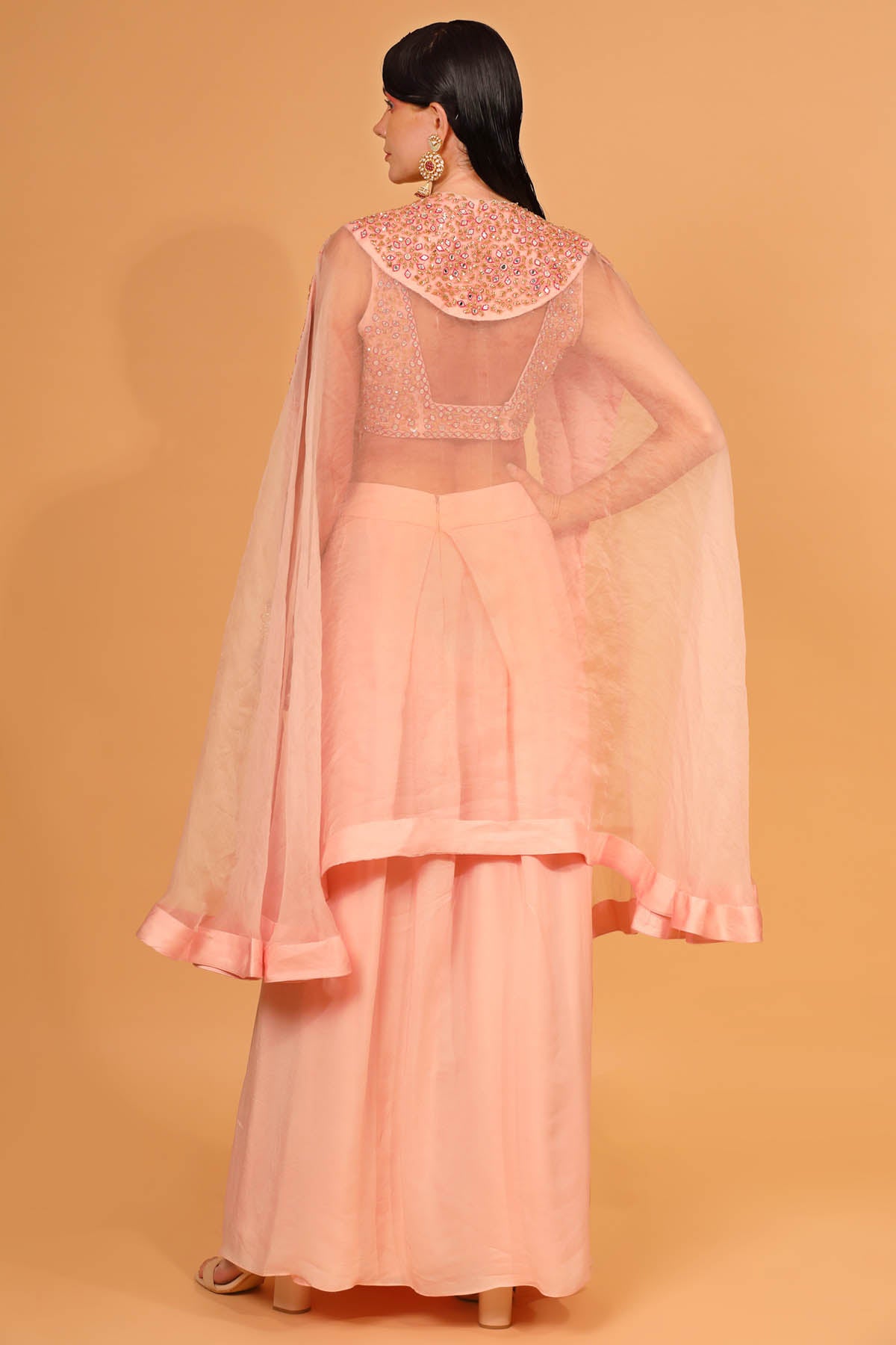 Peach Embroidered Cape & Dhoti Set