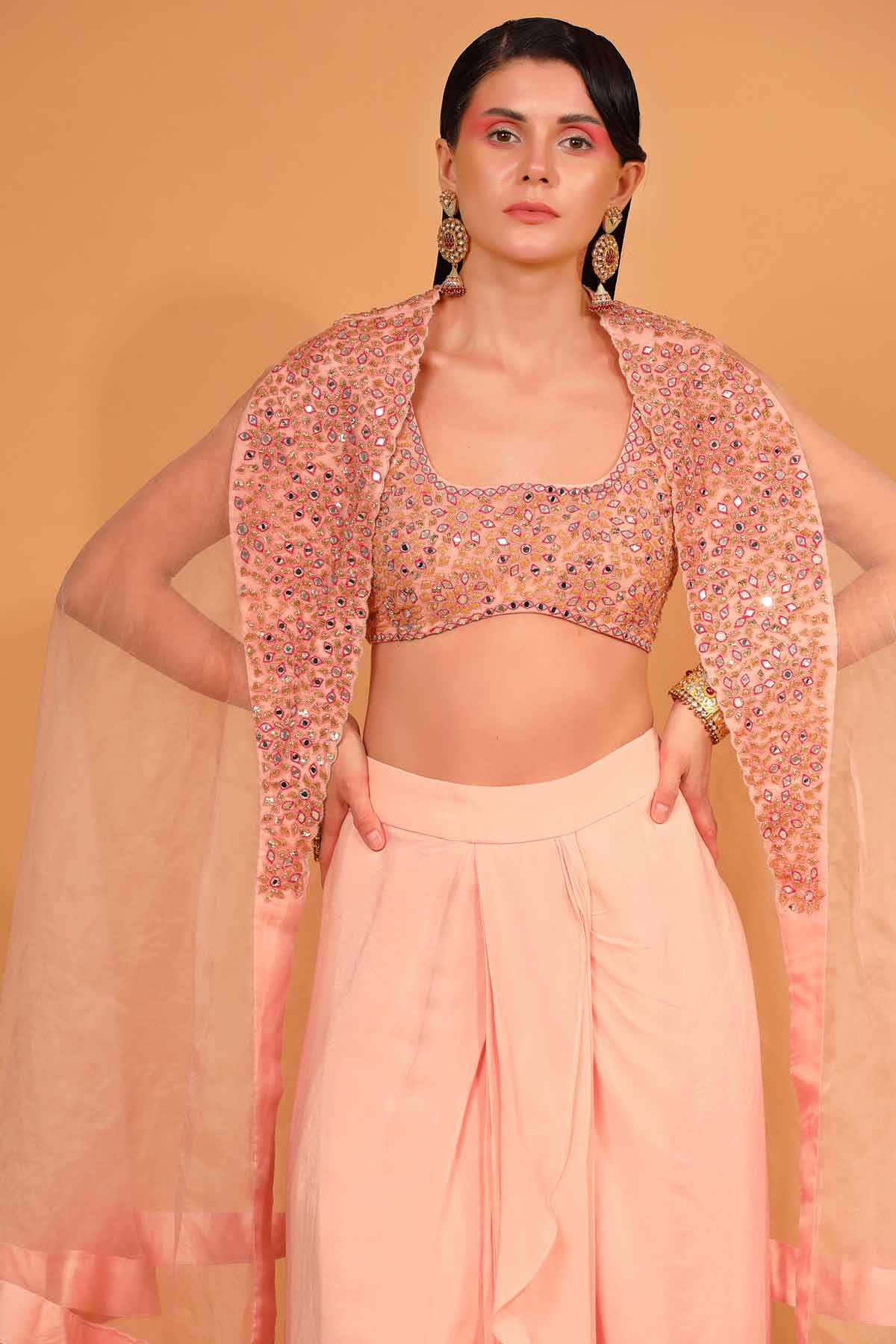 Peach Embroidered Cape & Dhoti Set