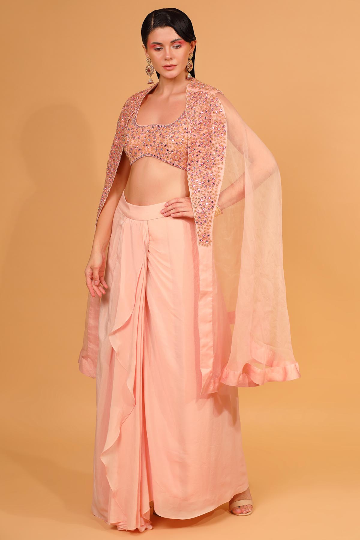 Peach Embroidered Cape & Dhoti Set