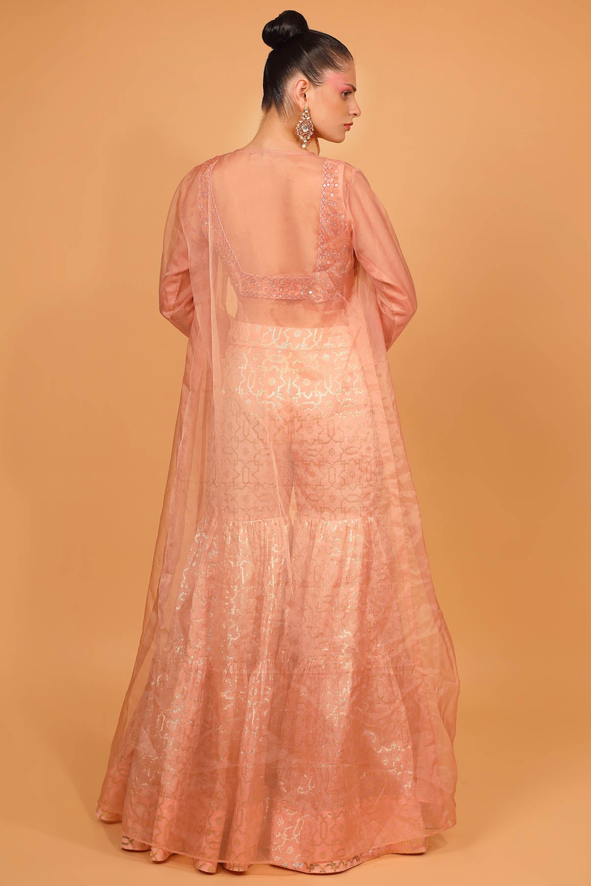 Peach Embroidered Cape & Sharara Set