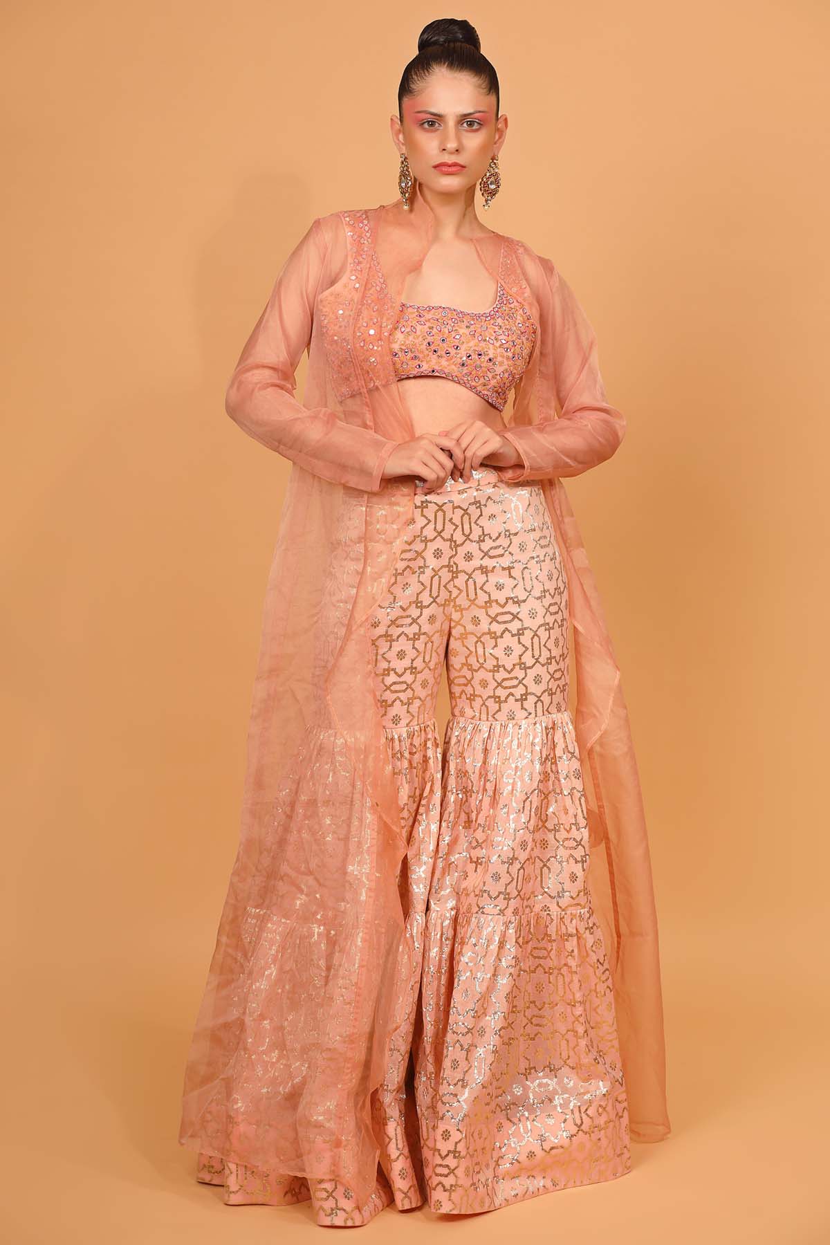 Peach Embroidered Cape & Sharara Set