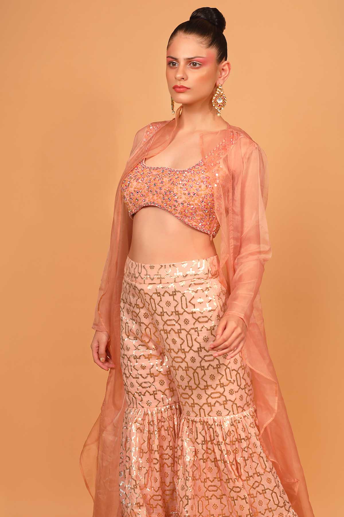 Peach Embroidered Cape & Sharara Set
