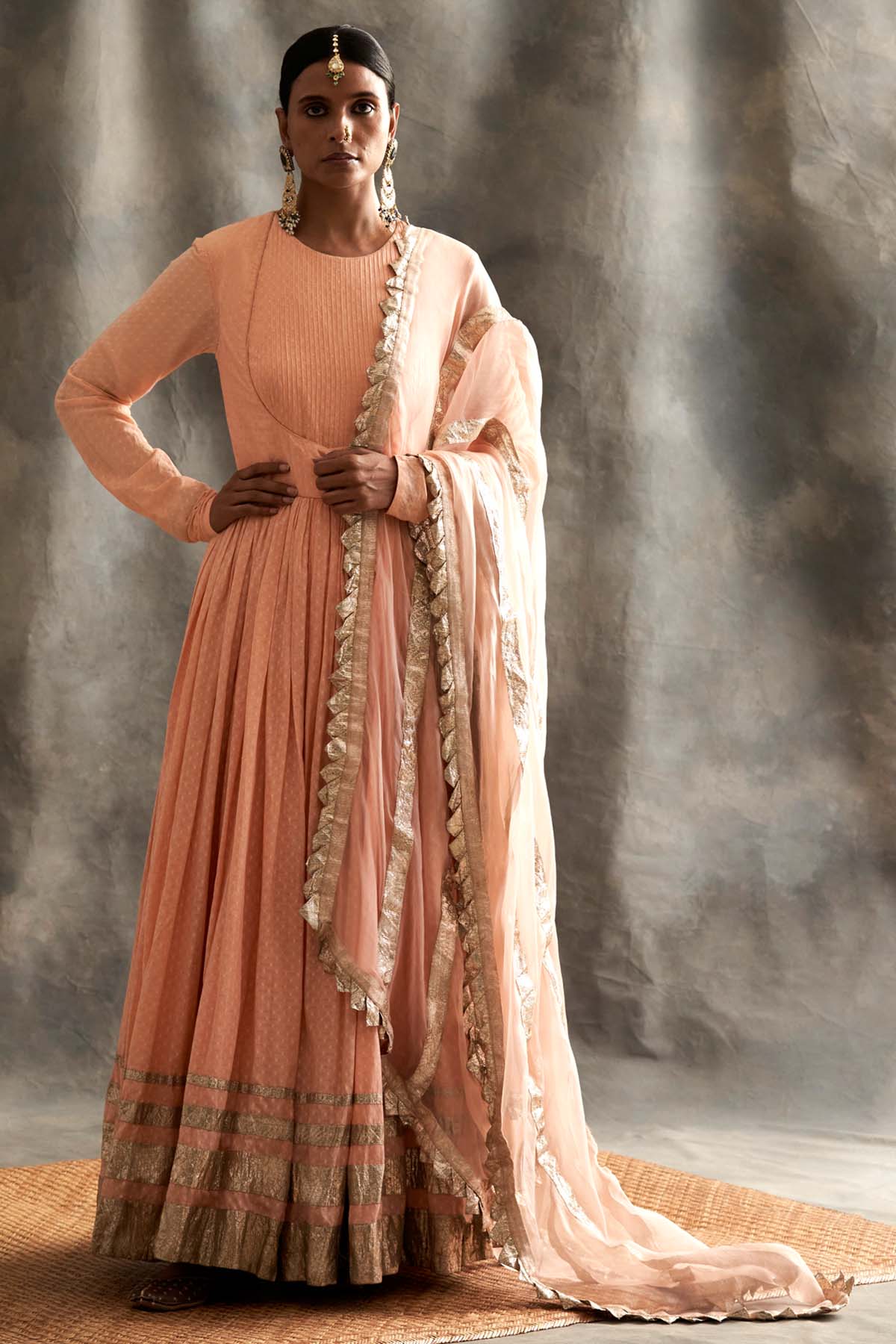 Peach Gathered Angrakha Set