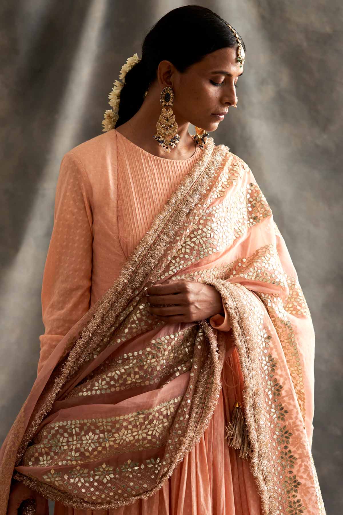 Peach Gathered Angrakha Set