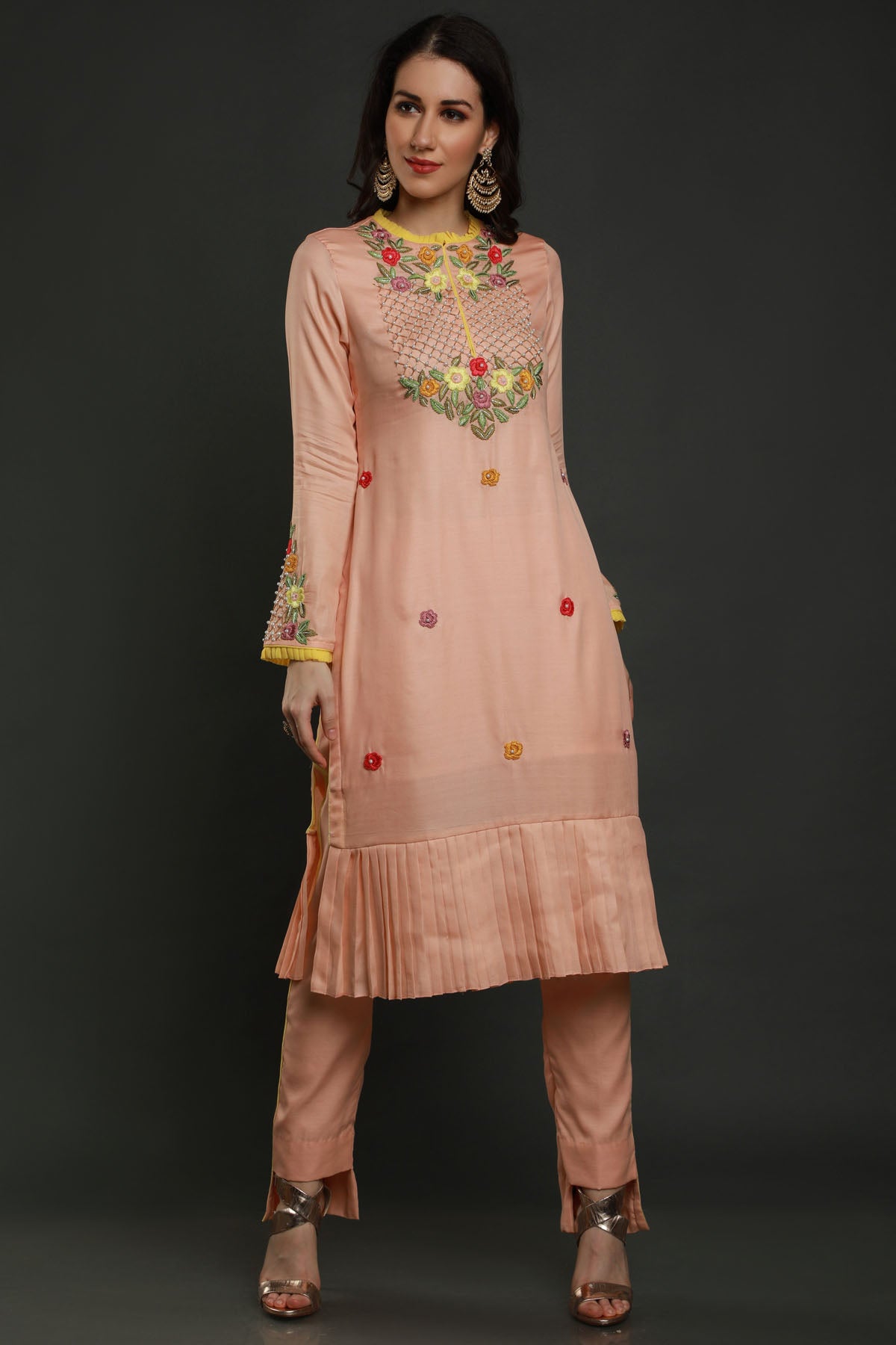 Peach Hem Pleated Kurta Set