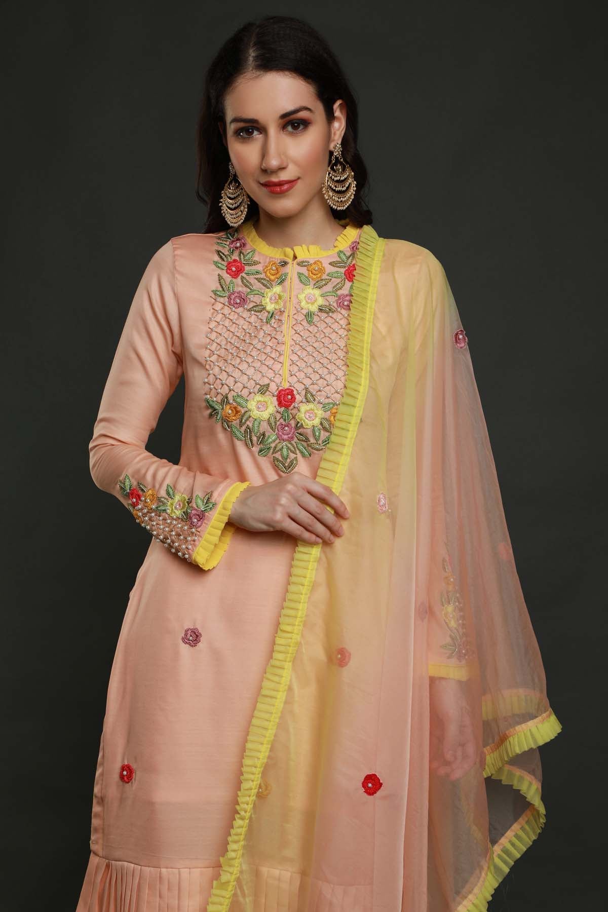 Peach Hem Pleated Kurta Set