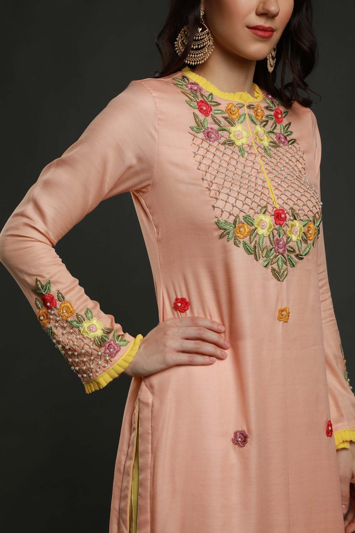Peach Hem Pleated Kurta Set