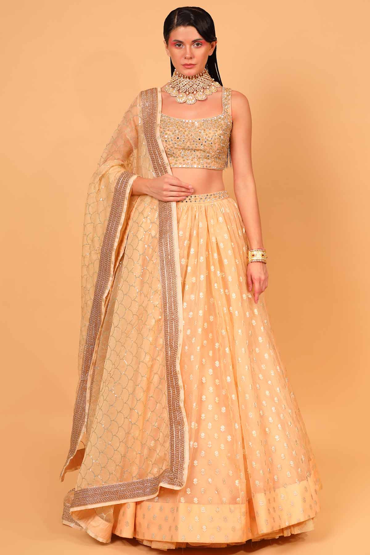 Peach Organza Embroidered Lehenga Set