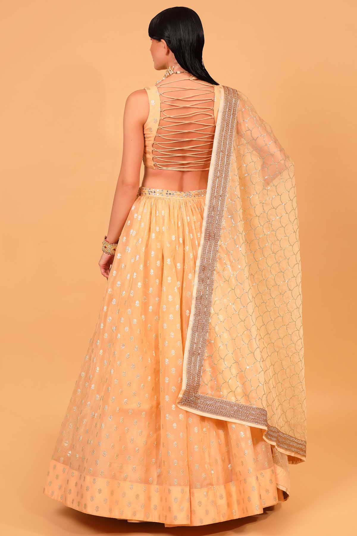 Peach Organza Embroidered Lehenga Set