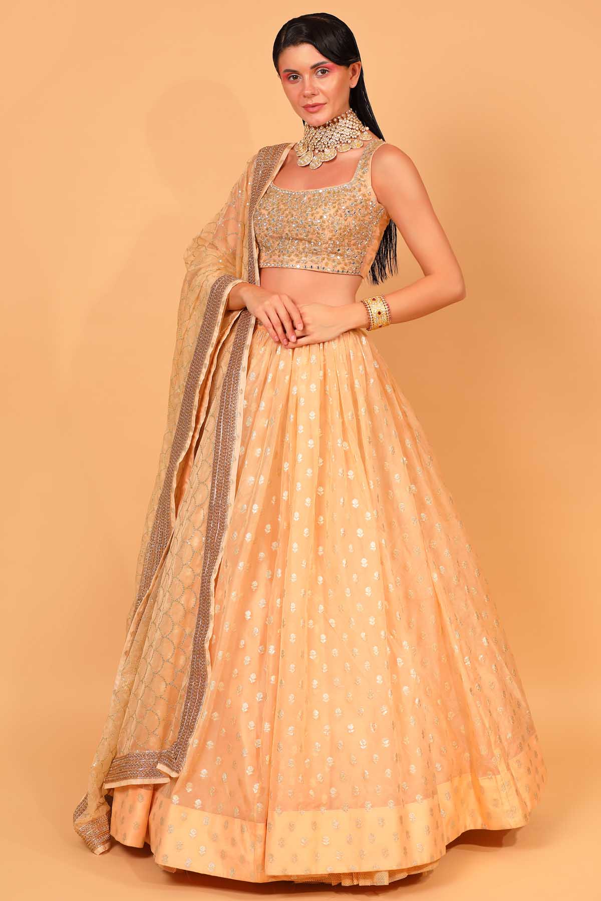 Peach Organza Embroidered Lehenga Set