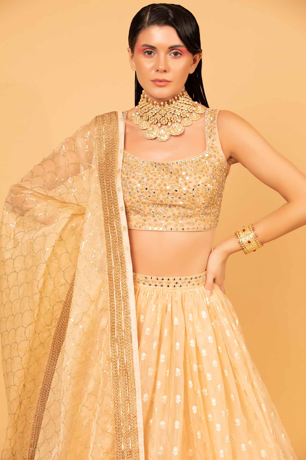 Peach Organza Embroidered Lehenga Set