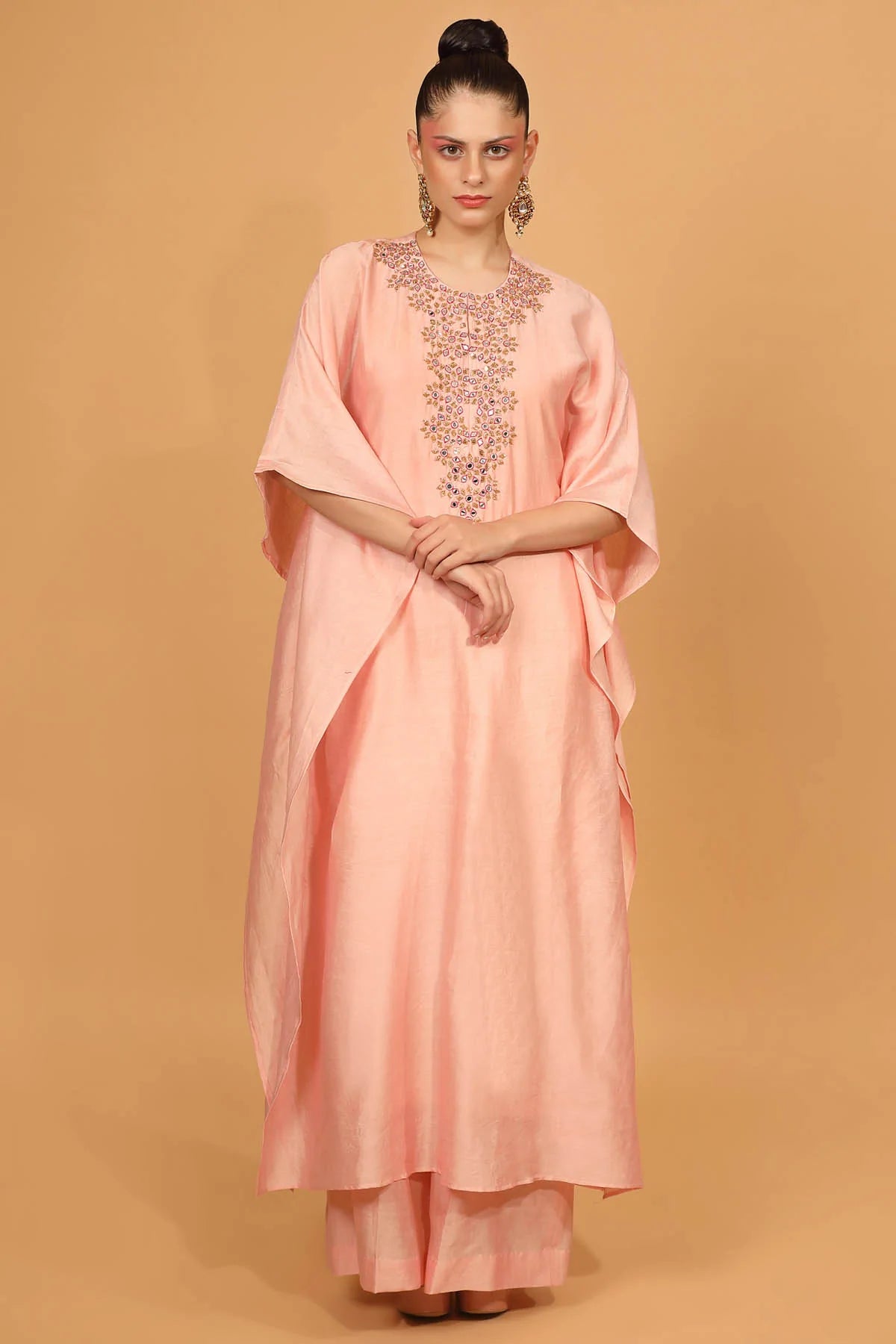 Designer Neha Khullar Peach Chanderi Silk Embroidered Kaftan Set for Women Online