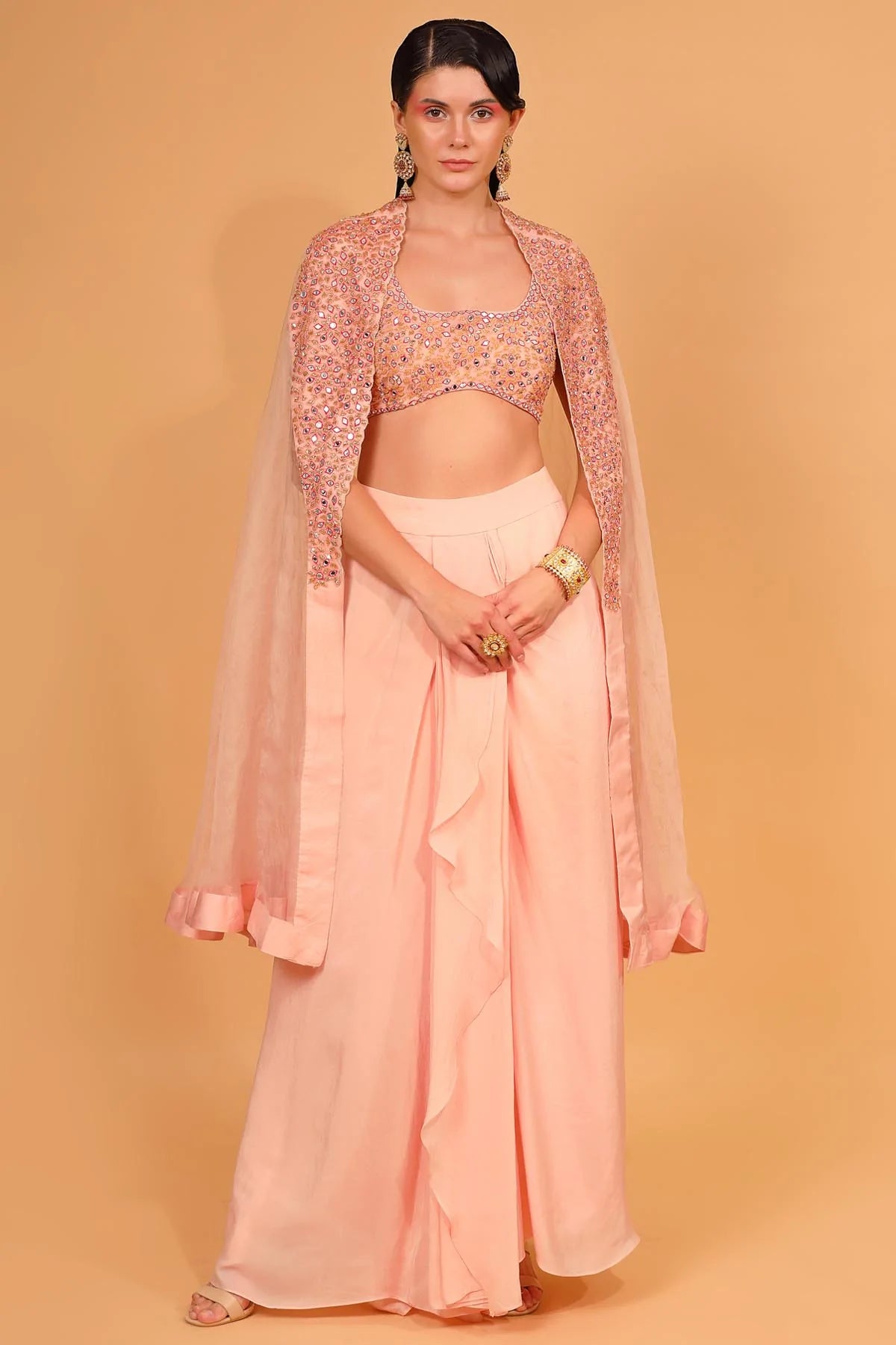 Designer Neha Khullar Peach Embroidered Cape & Dhoti Set for Women Online
