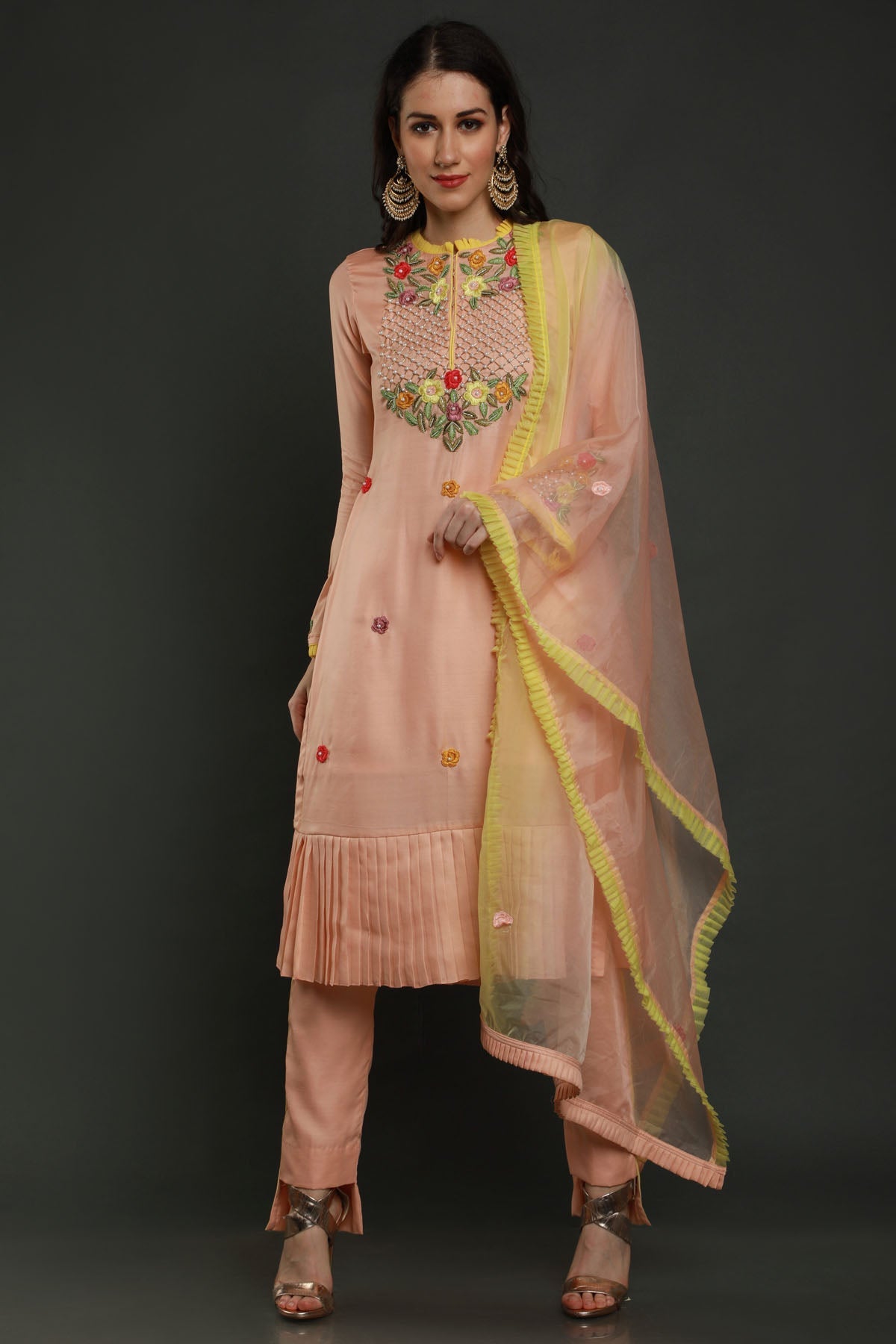 Peach Hem Pleated Kurta Set