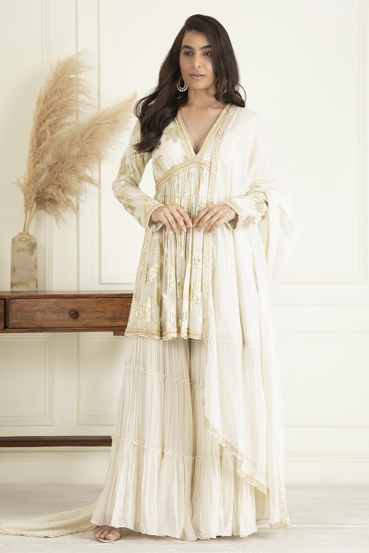 Ivory V-Neck Peplum Kurta Set