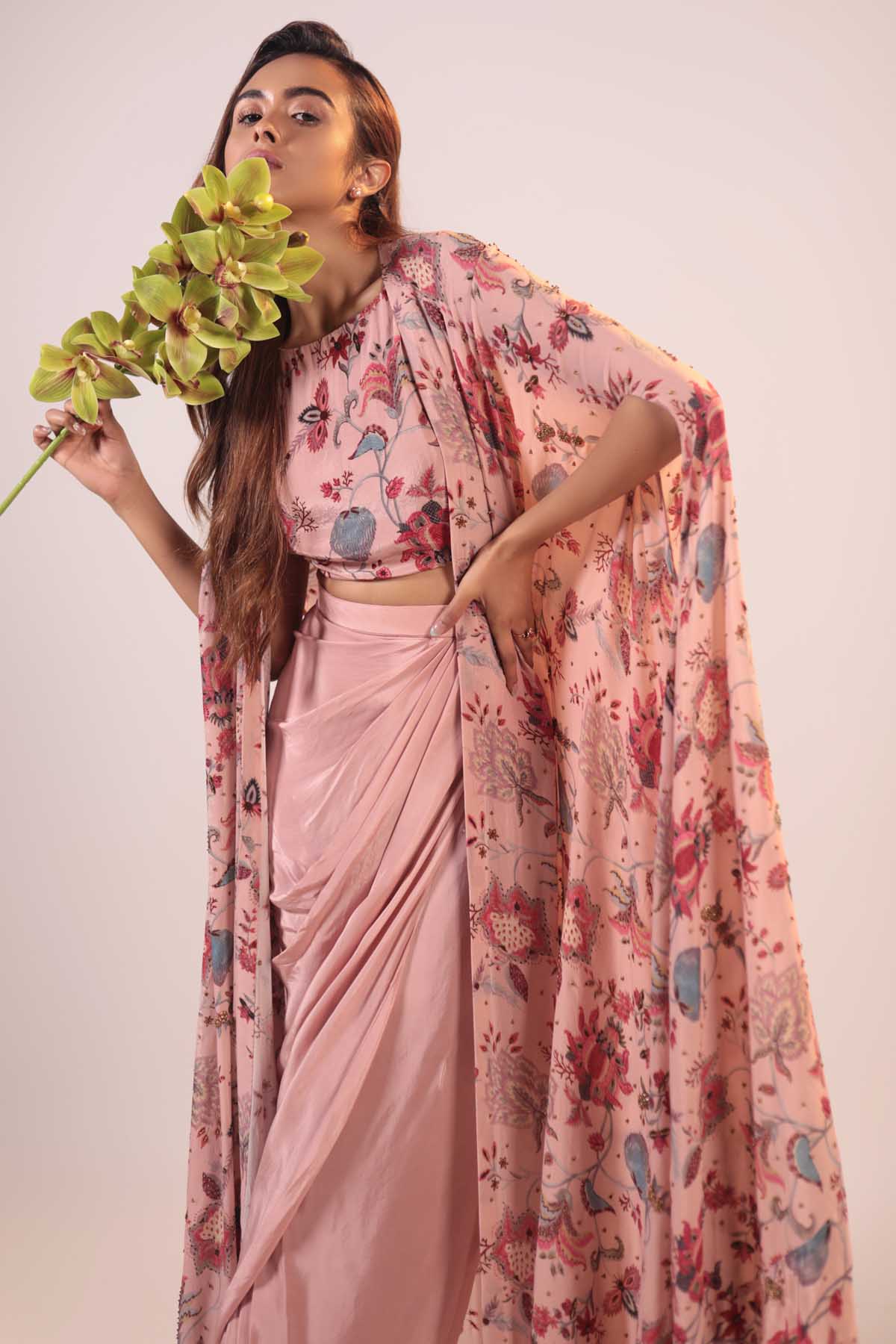 Pink Floral Cape & Skirt Set