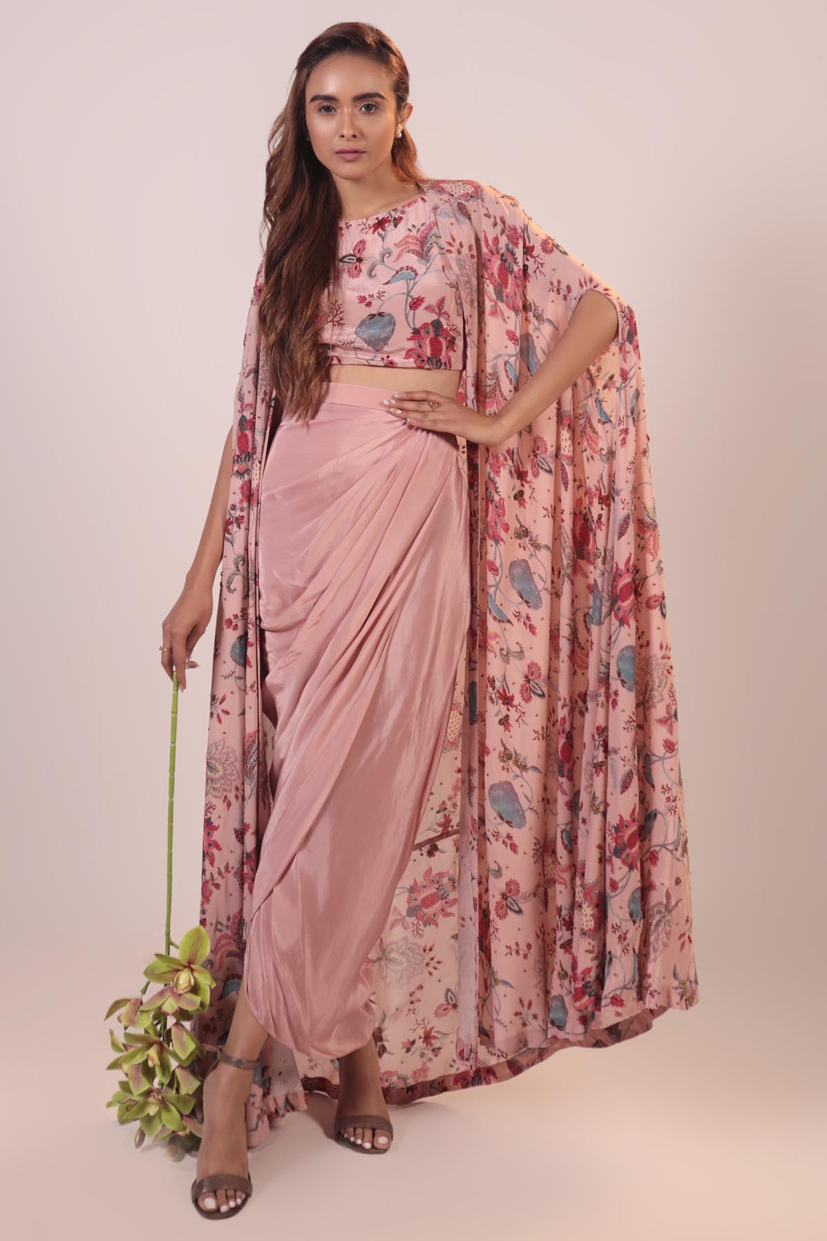Pink Floral Cape & Skirt Set