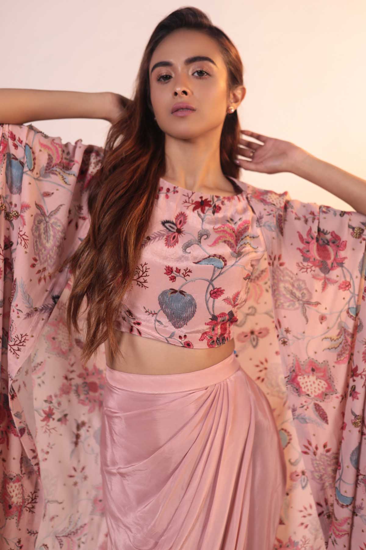 Pink Floral Cape & Skirt Set