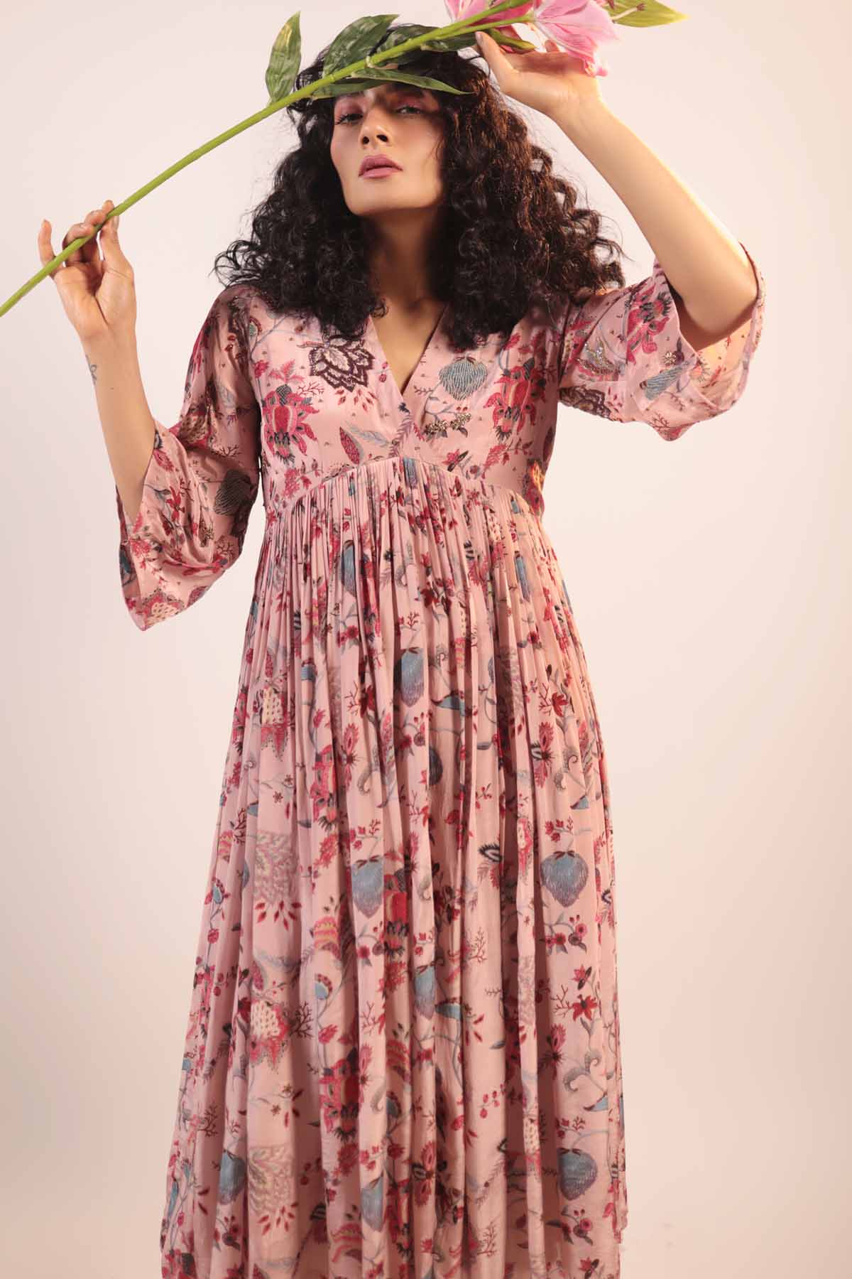 Pink Floral Gathered Kurta