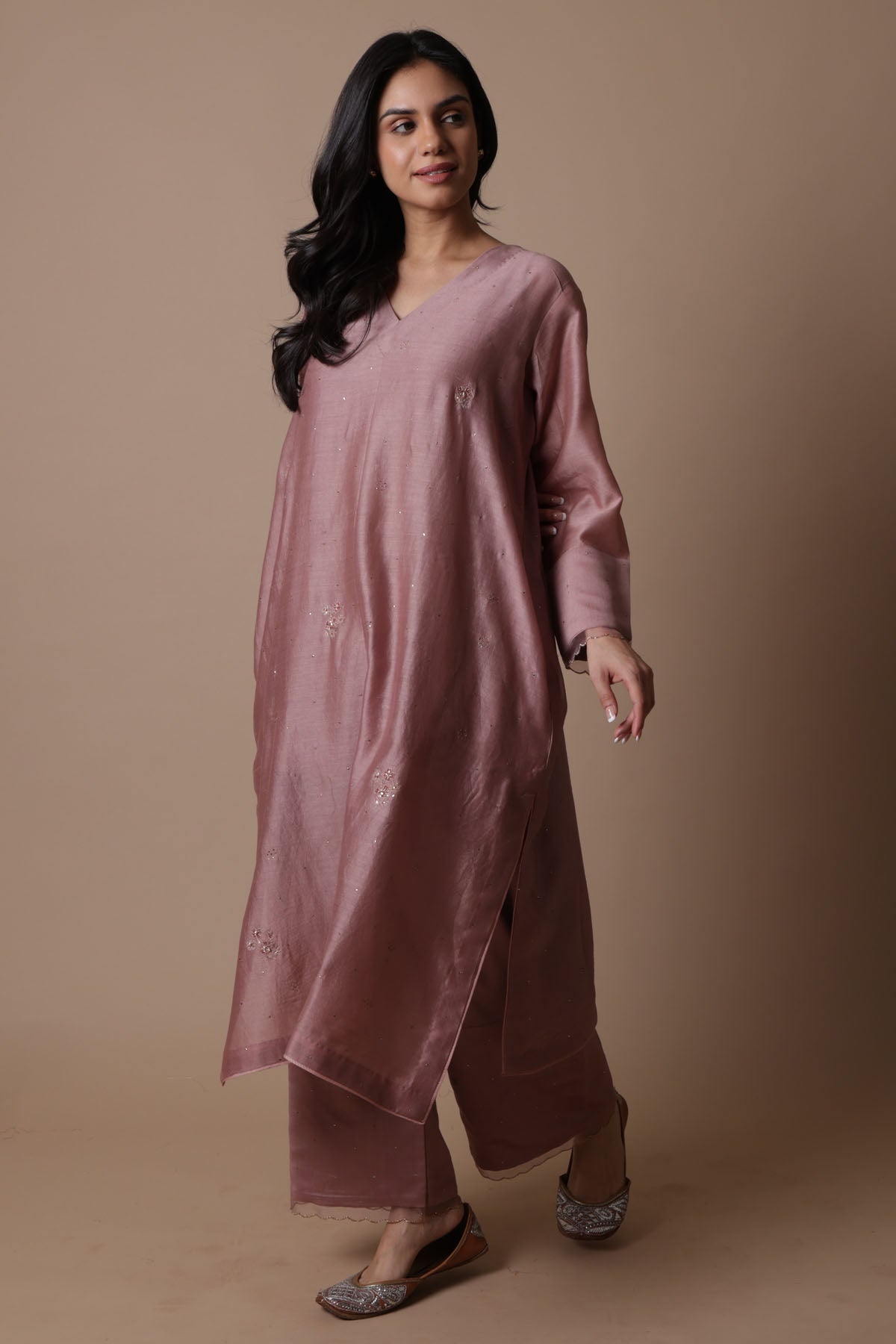 Pink Mukaish Chanderi Kurta Set