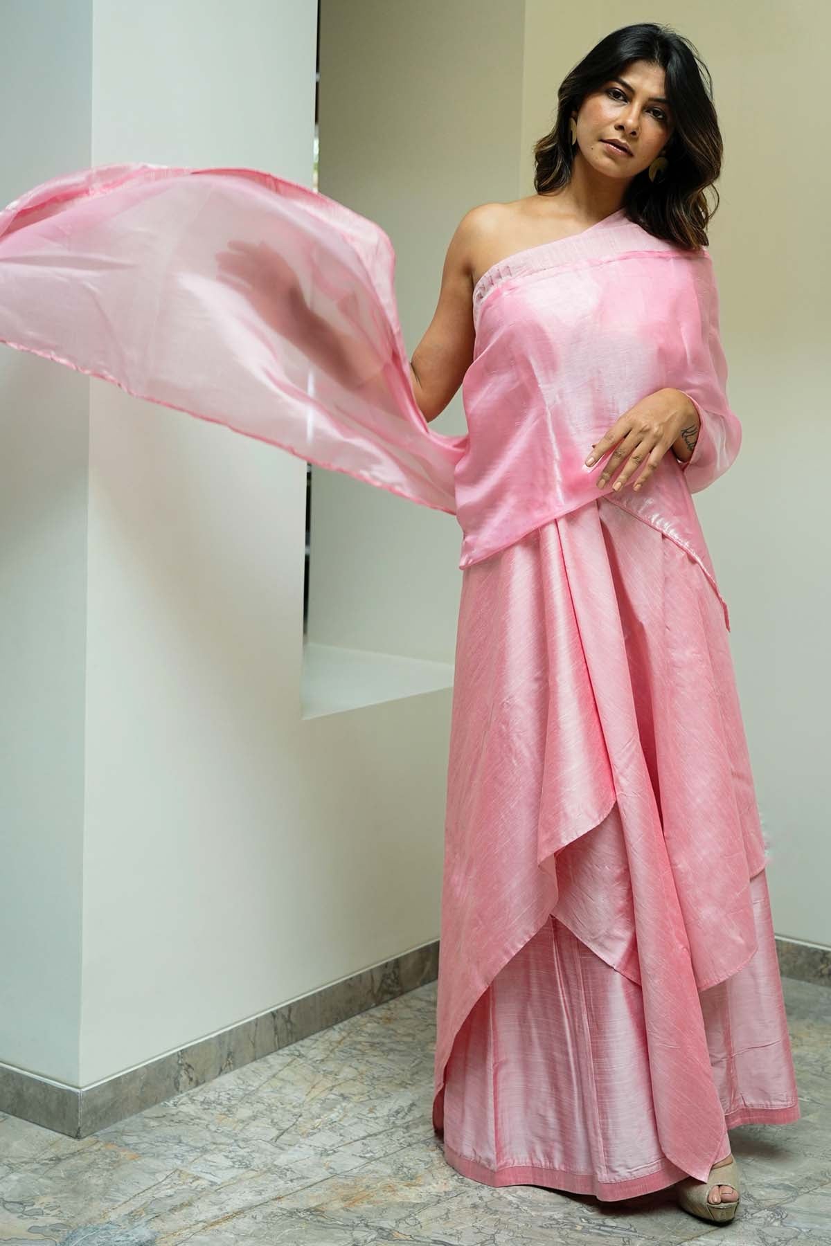 Pink Slub Silk Saree Co-ord Set