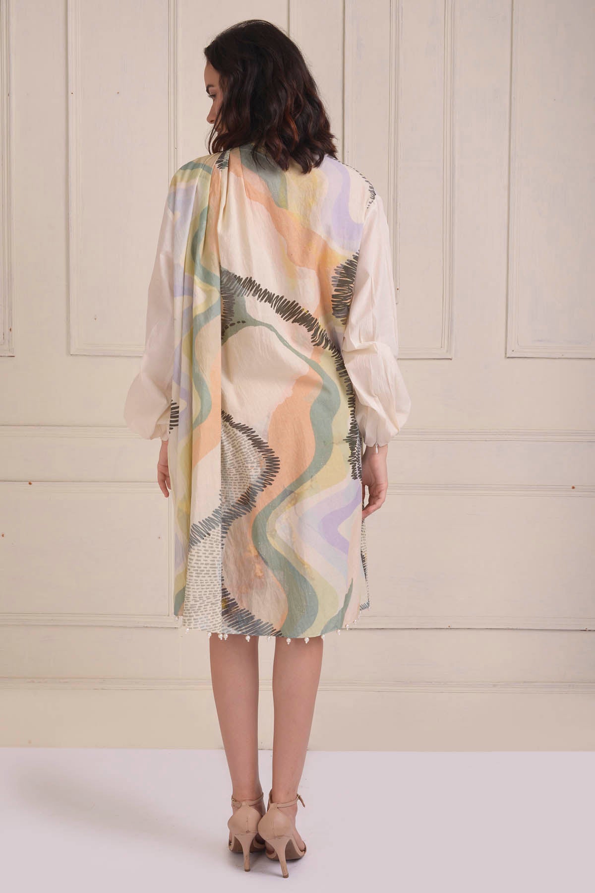 Printed Draped Beaded Dress