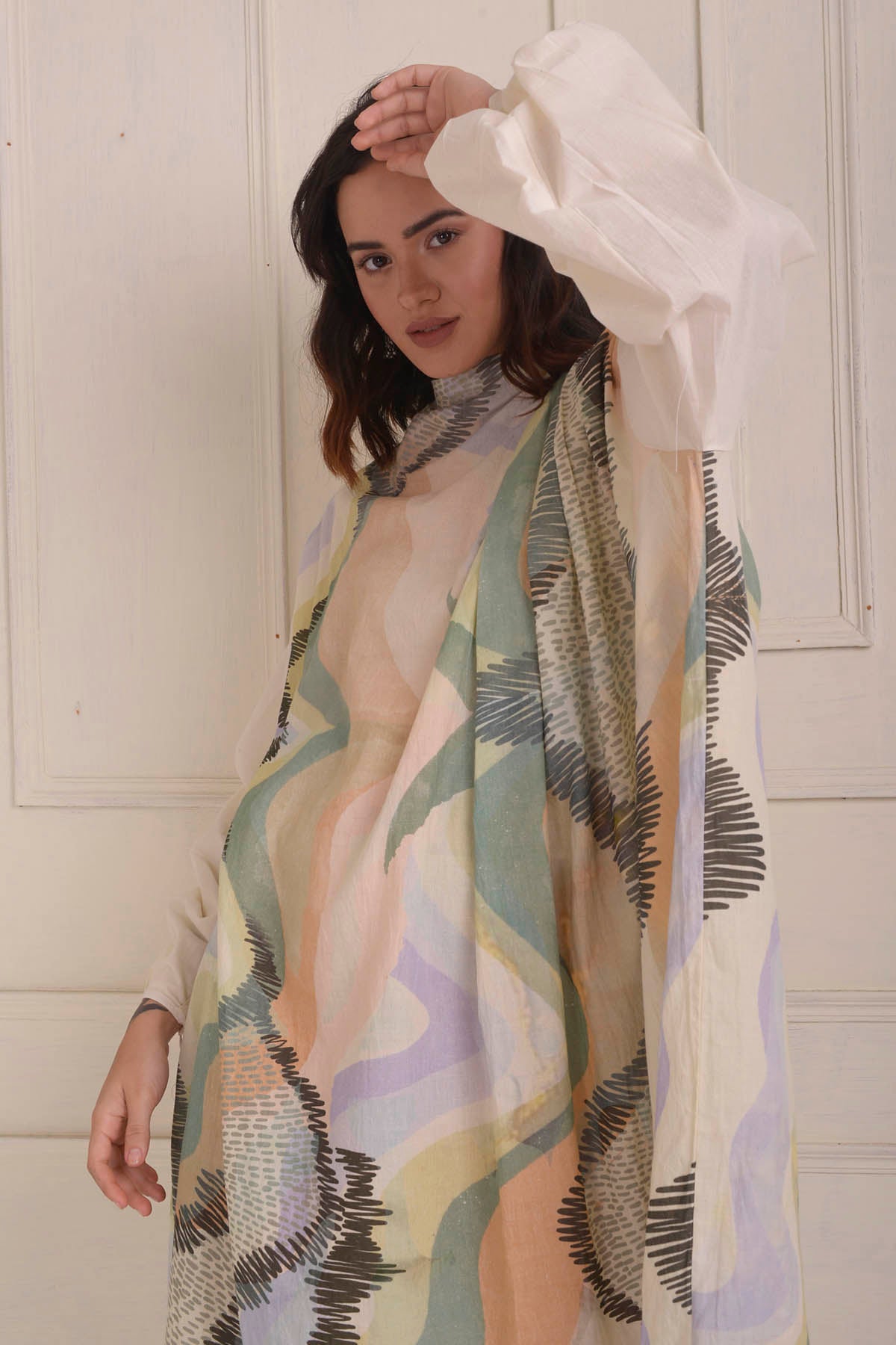 Printed Draped Beaded Dress