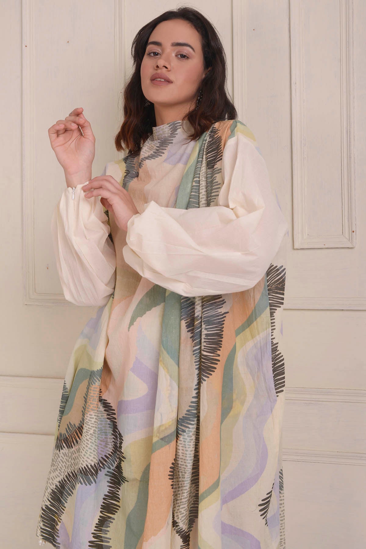 Printed Draped Beaded Dress