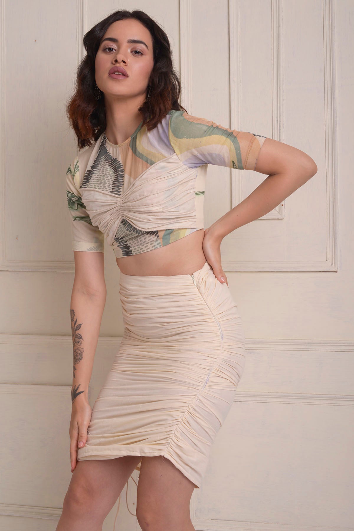 Printed Ruched Crop Top & Skirt Set