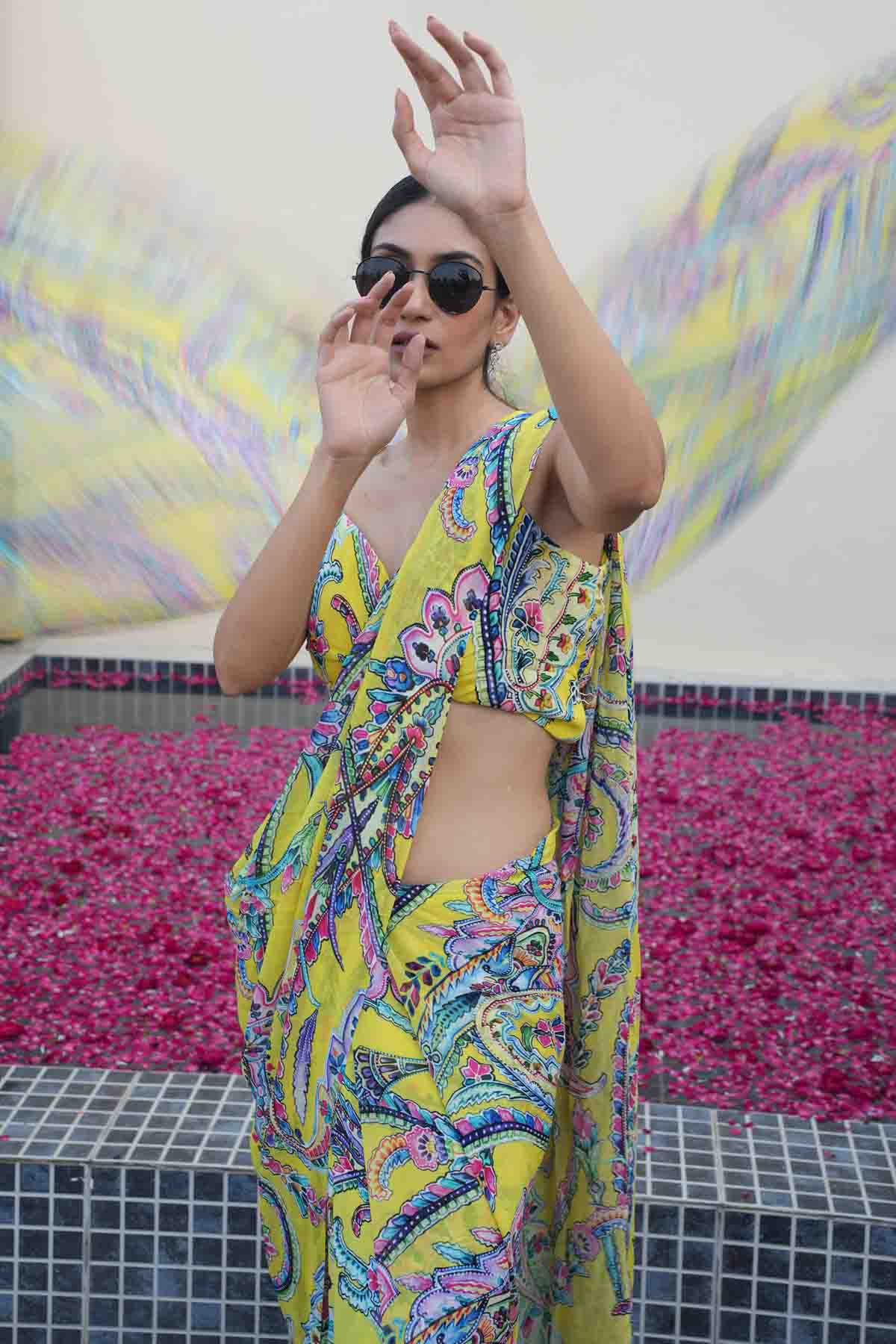 Printed Saree Pant & Blouse Set