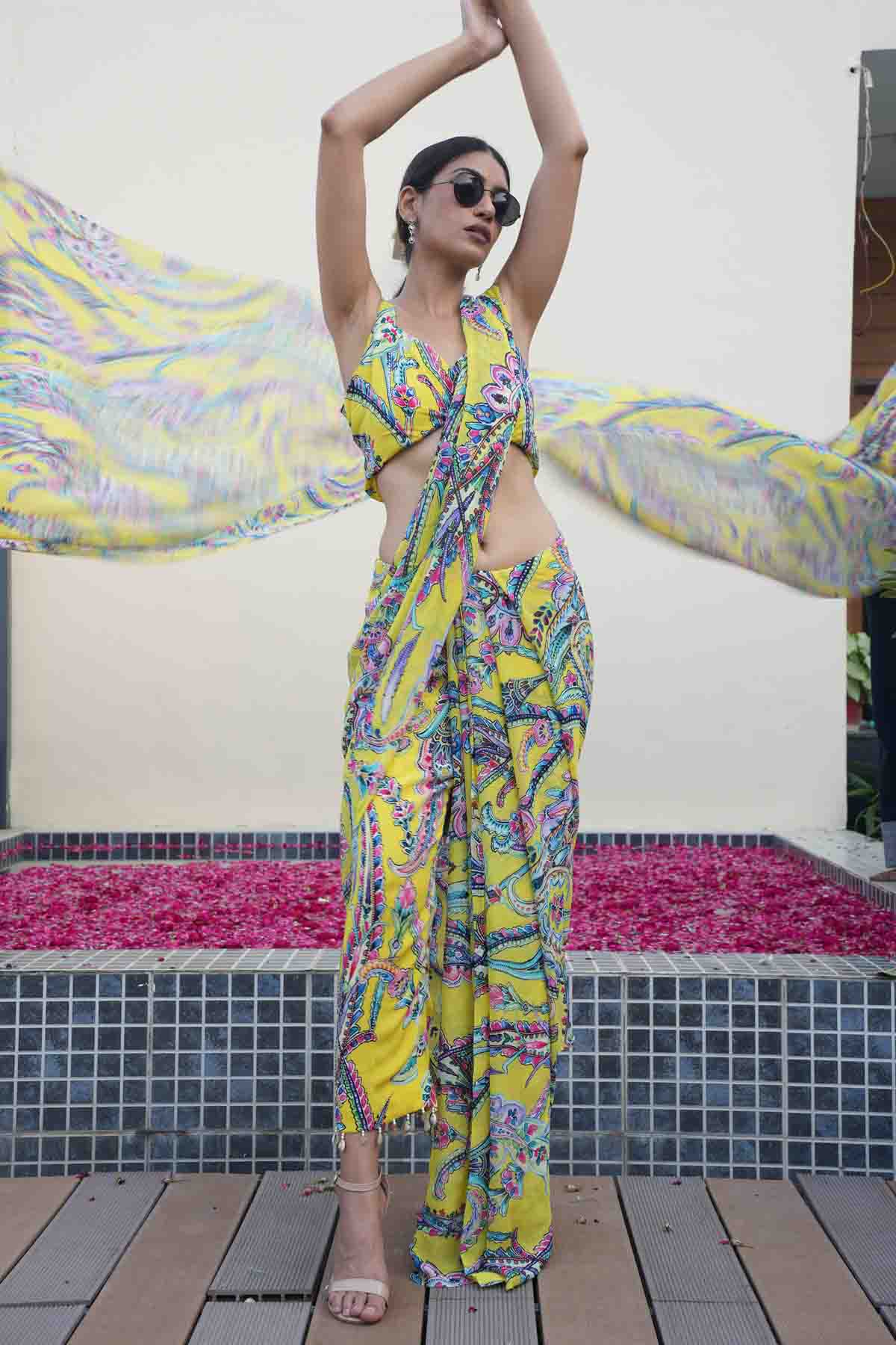 Printed Saree Pant & Blouse Set