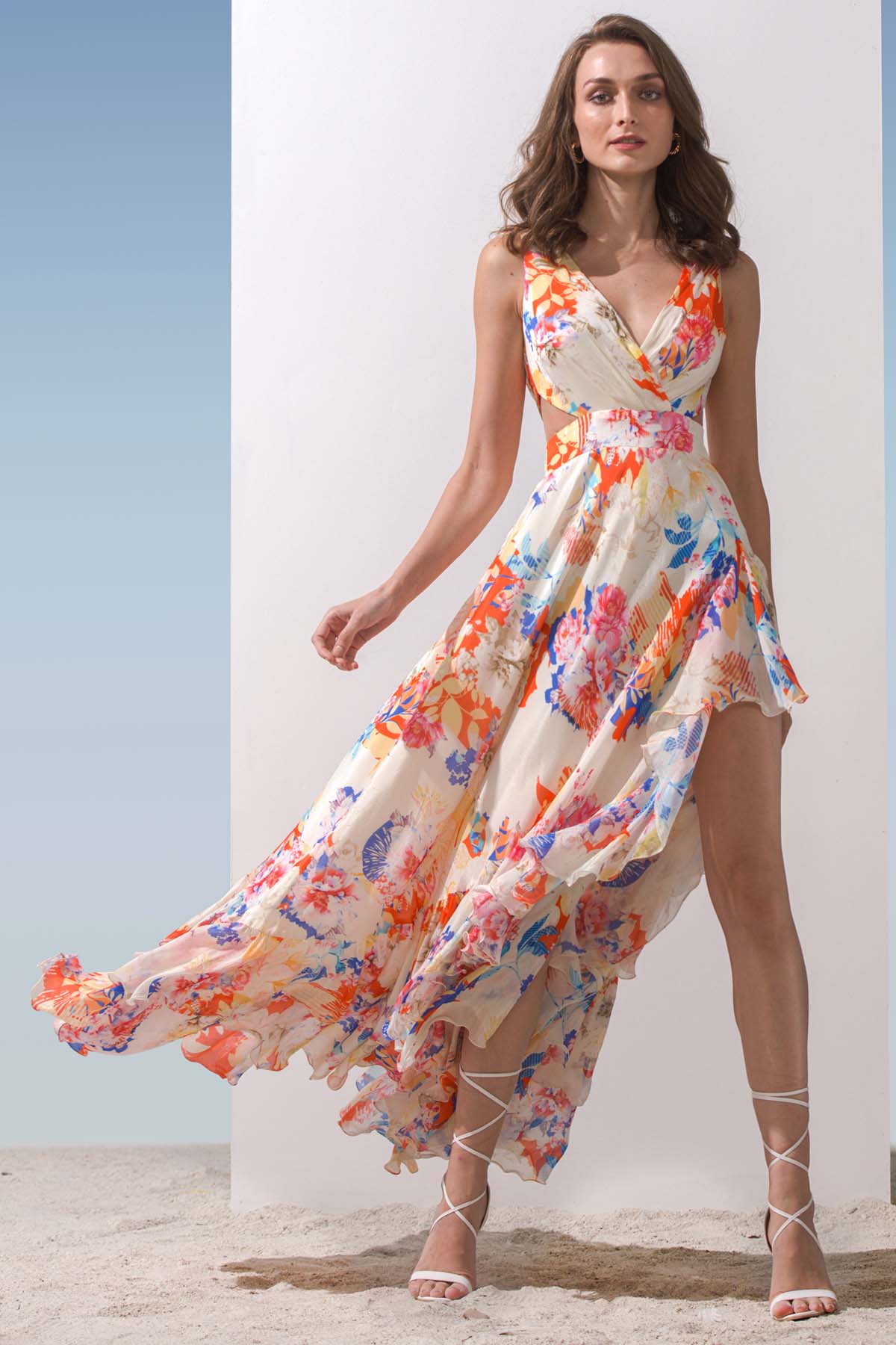 Buy Printed Overlaped Neck Dress by Mandira Wirk