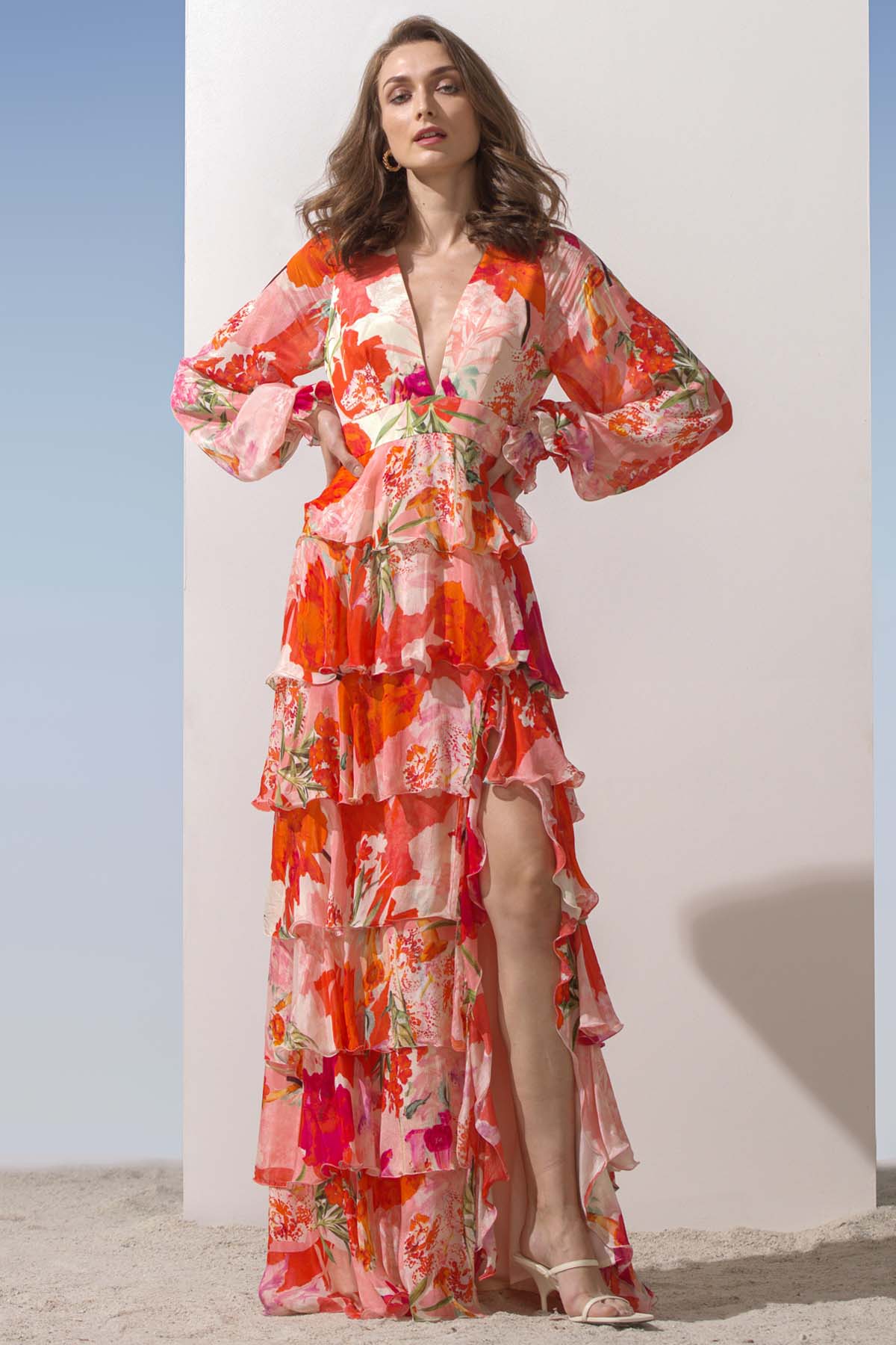 Buy Printed Tiered Slit Dress by Mandira Wirk