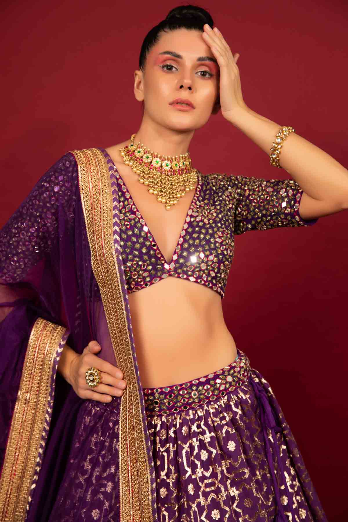 Purple Chanderi Embroidered Lehenga Set