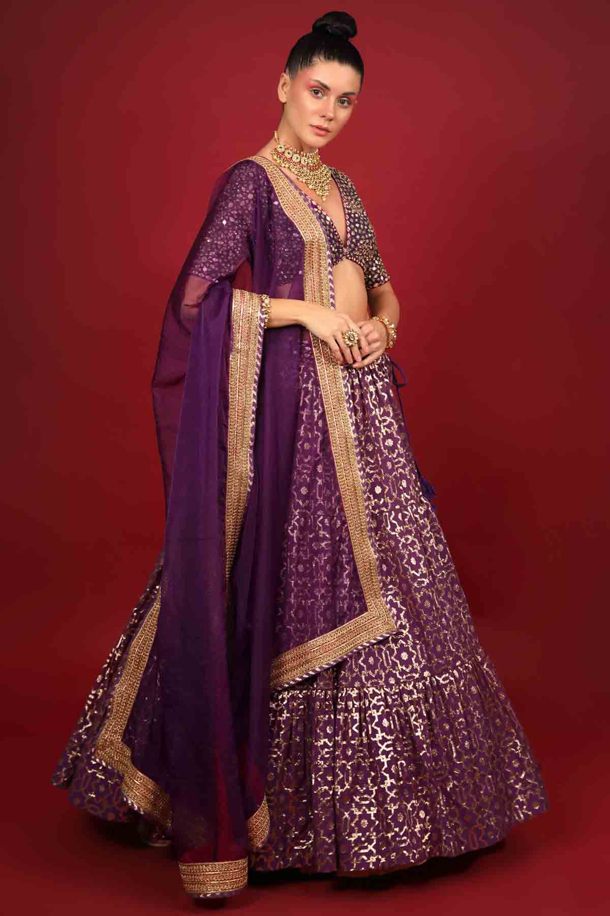 Purple Chanderi Embroidered Lehenga Set