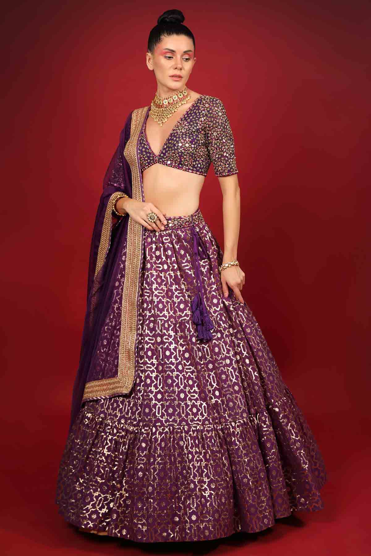 Purple Chanderi Embroidered Lehenga Set