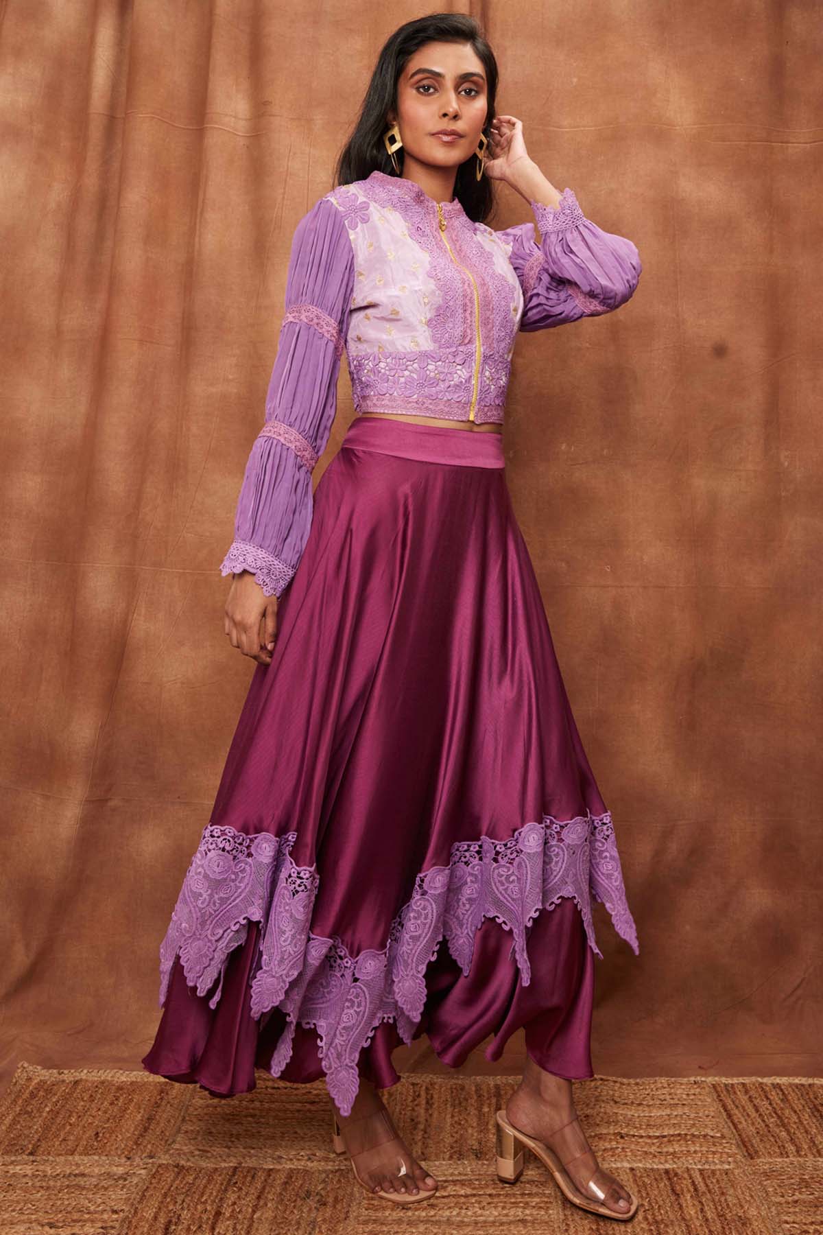 Purple Silk Jacket & Laced Skirt