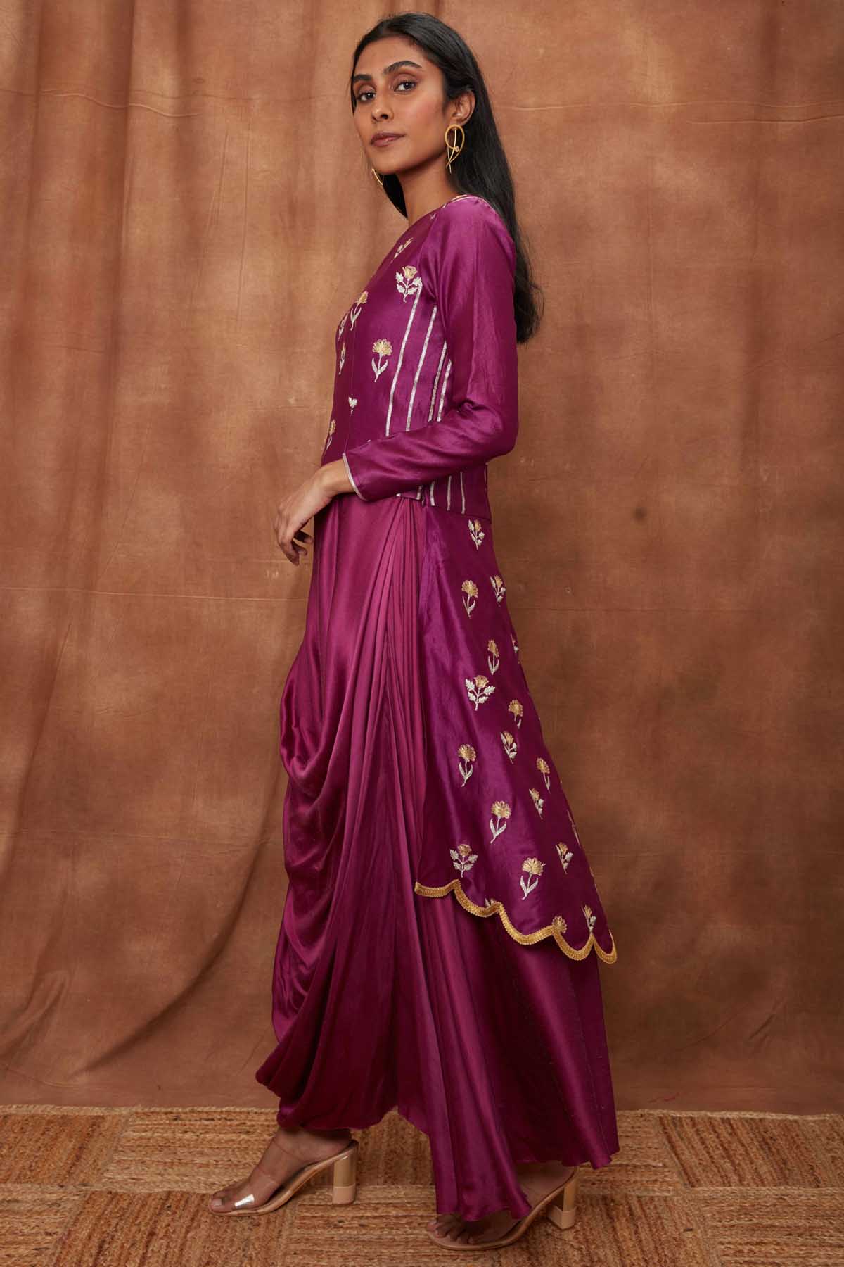 Purple Silk Scalloped Top & Cowl Dress